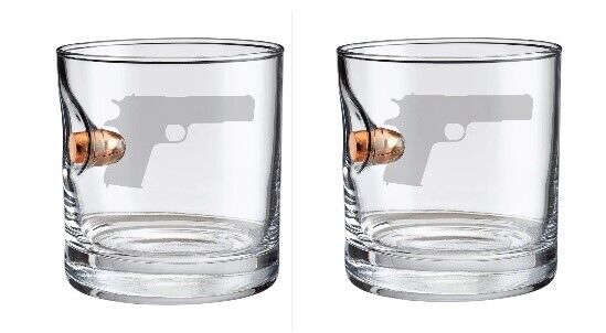 Original BenShot M1911 Gun Rocks Glass w/Real Bullet Wedding Military Gift ~ 2PK