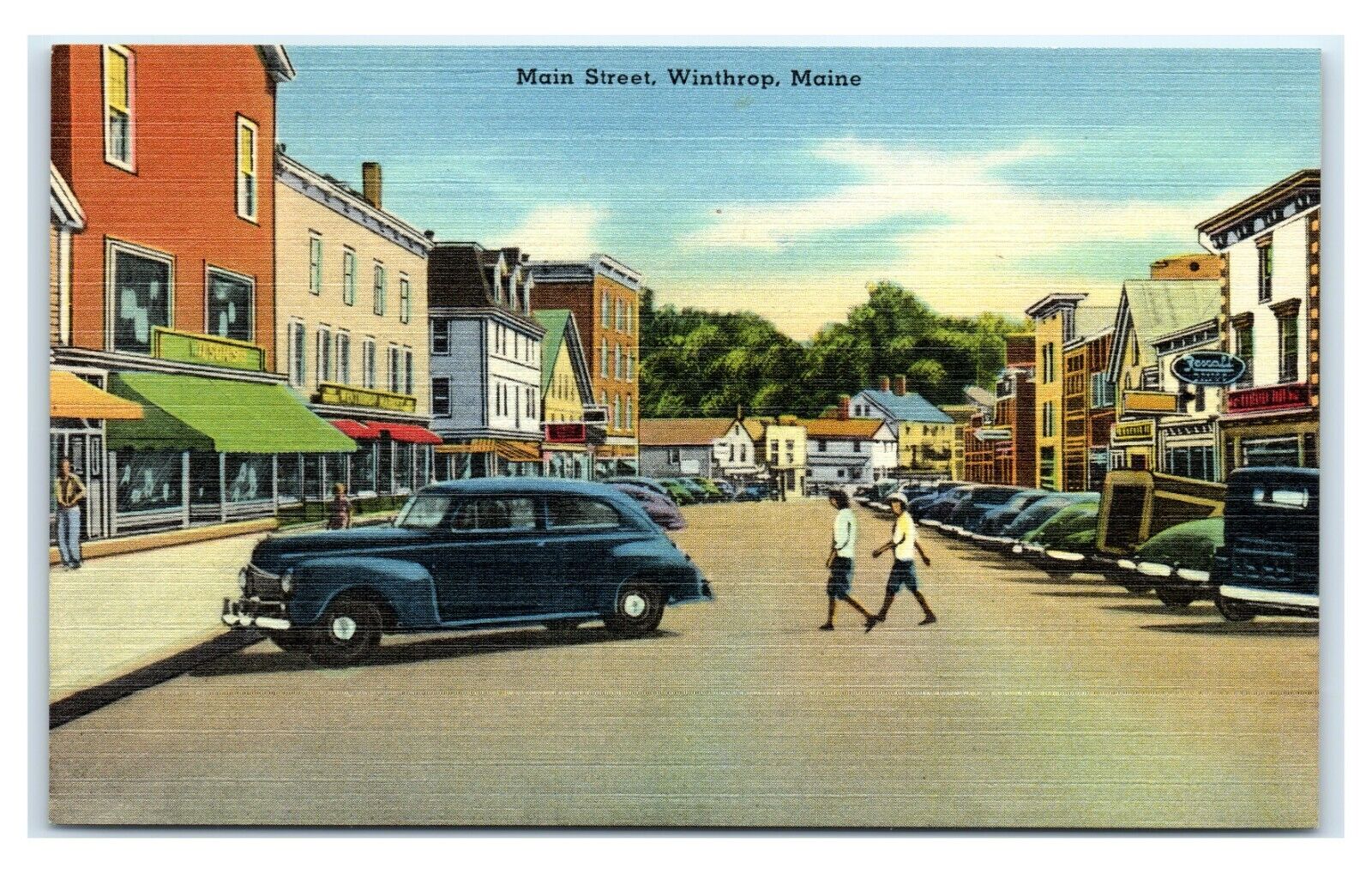 Postcard Main Street, Winthrop, Maine linen T23