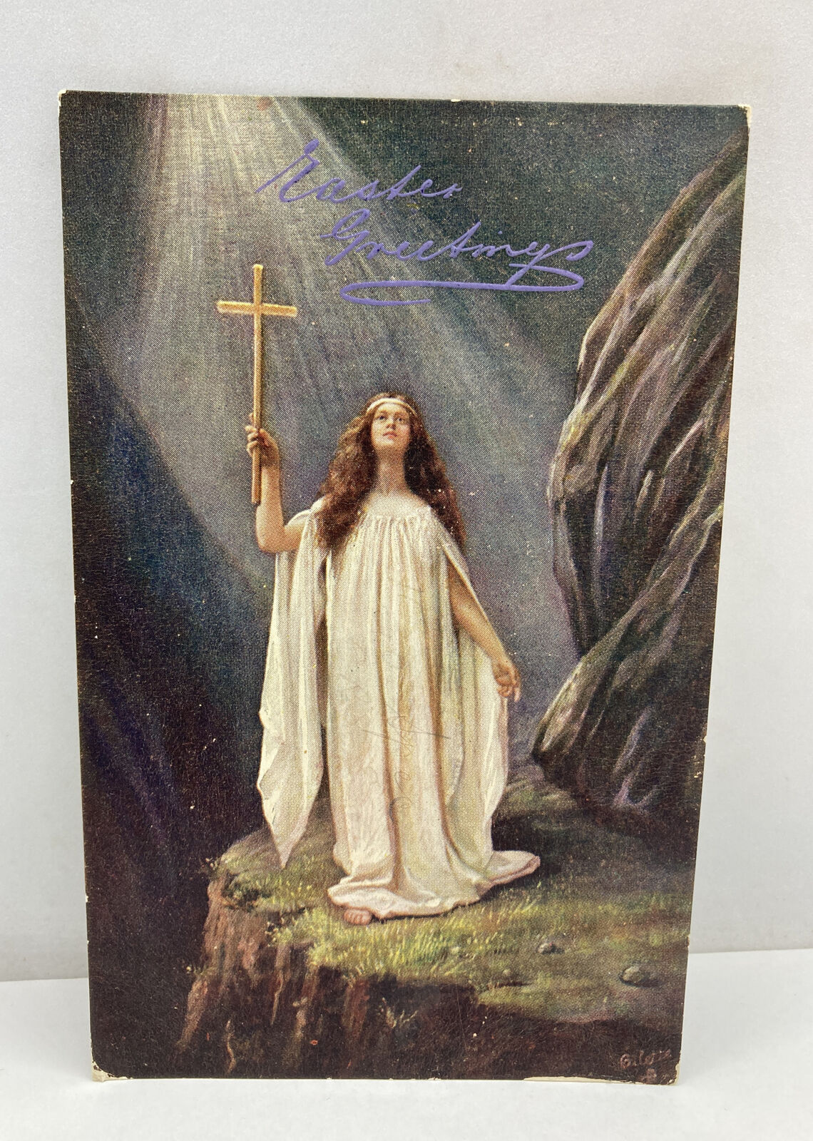 Vintage 1908 Tuck's Easter Postcard Angel with Gold Cross Heaven Light