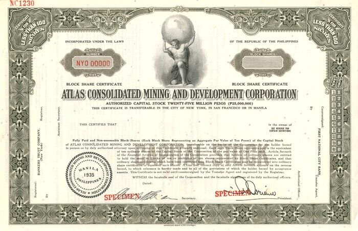Atlas Consolidated Mining and Development Corporation - Stock - Specimen Stocks 