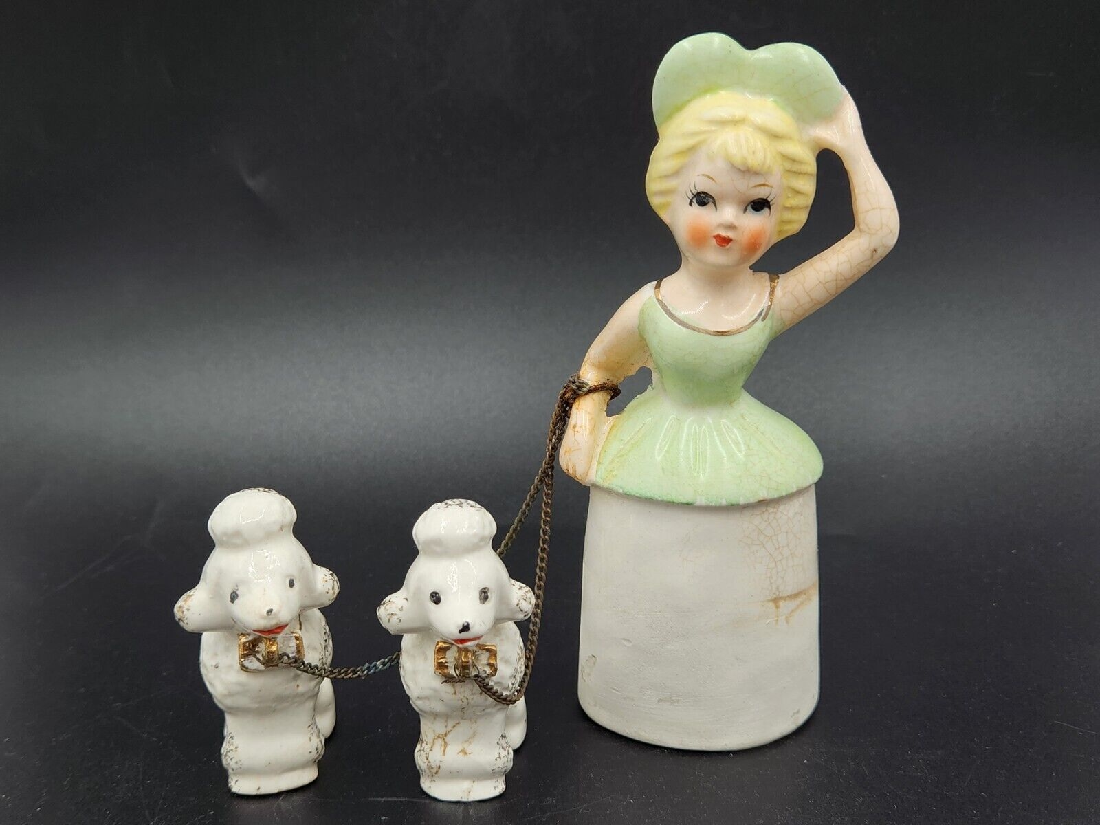 Vintage 1960\'s Ceramic Girl w/Big Green Bow Walking Chained Poodles