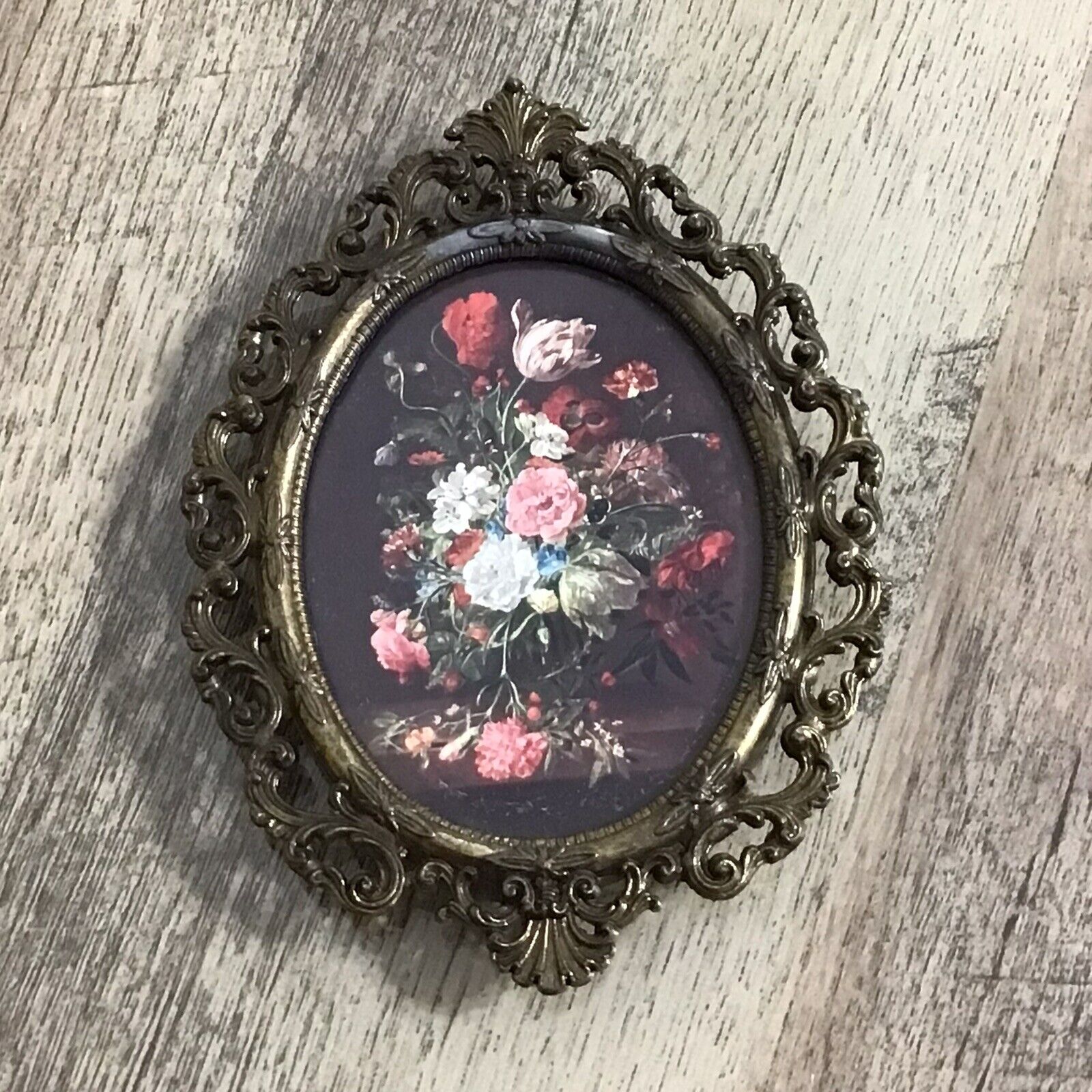 Vintage Ornate Small Metal Oval Picture Frame Floral Decor Made in Italy