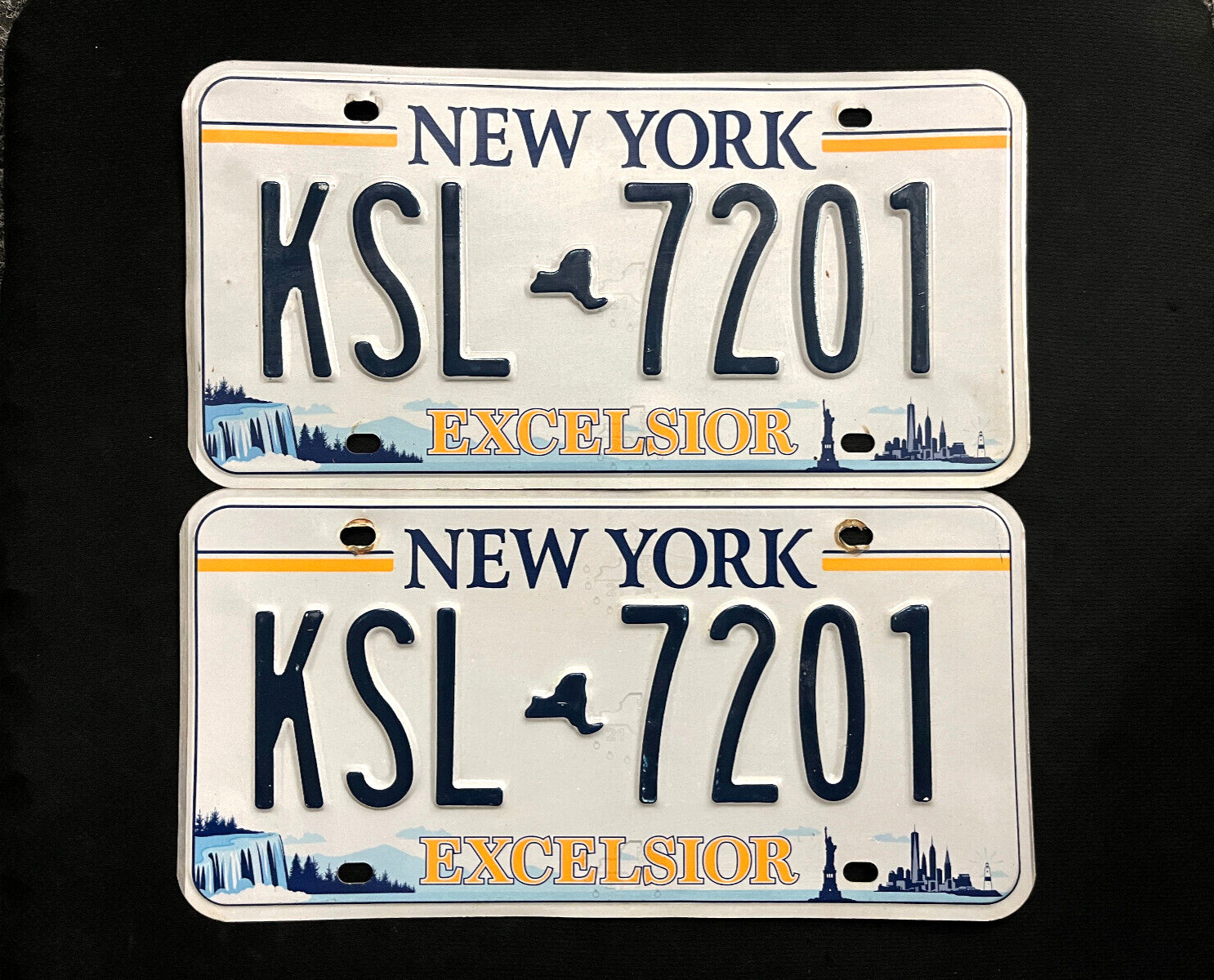 New York License Plate Pair KSL 7201 .... EXCELSIOR, NIAGARA FALLS, LADY LIBERTY
