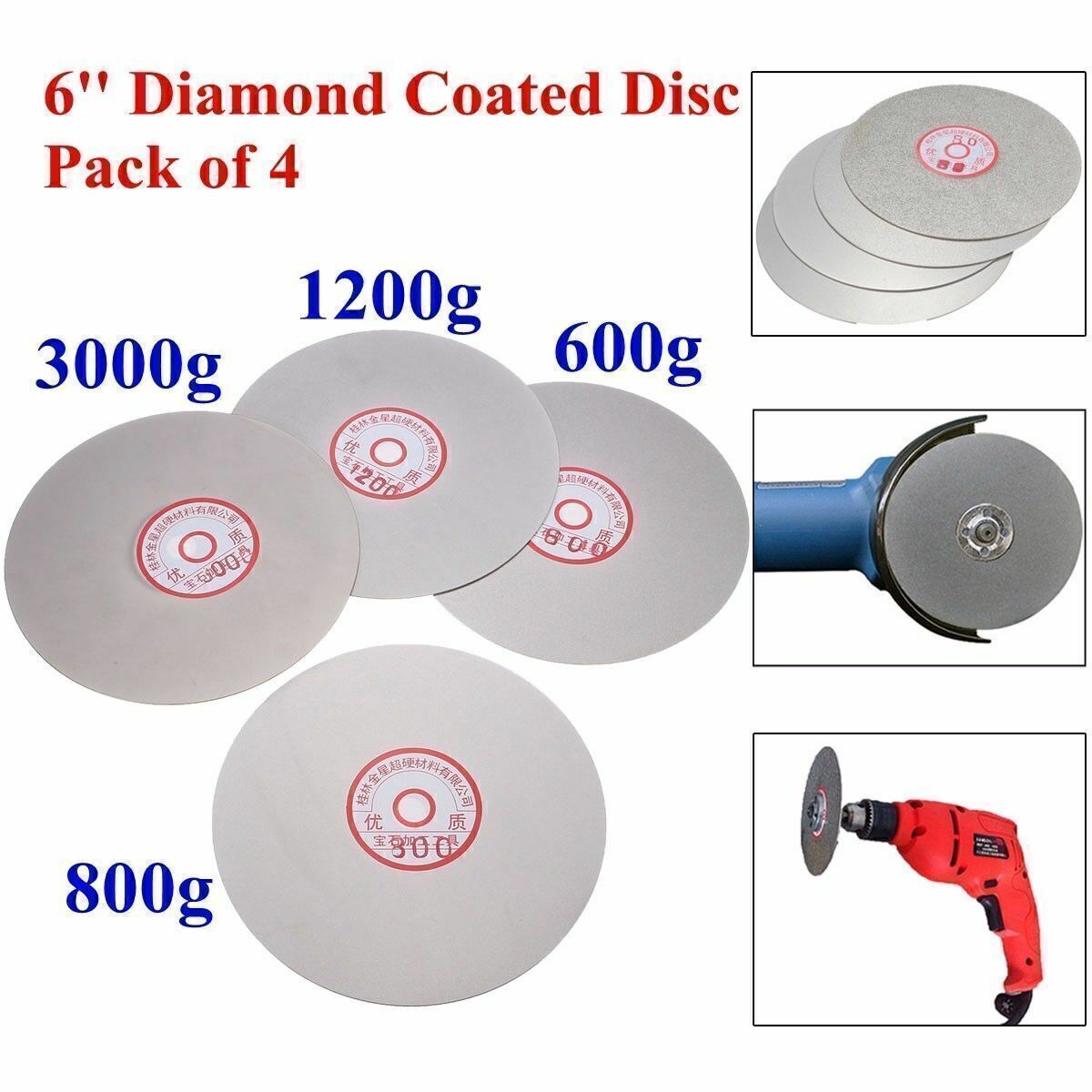 4PCS 6\'\' Diamond Coated Flat Lap Wheel Grinding Disc Tool 600 800 1200 3000 Grit
