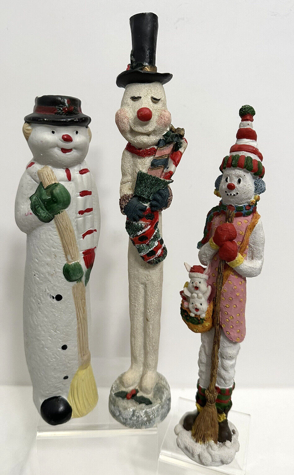 Lot of 3 Ceramic Christmas Skinny Pencil Snowmen 10”  11”  12” Tall Hand Painted