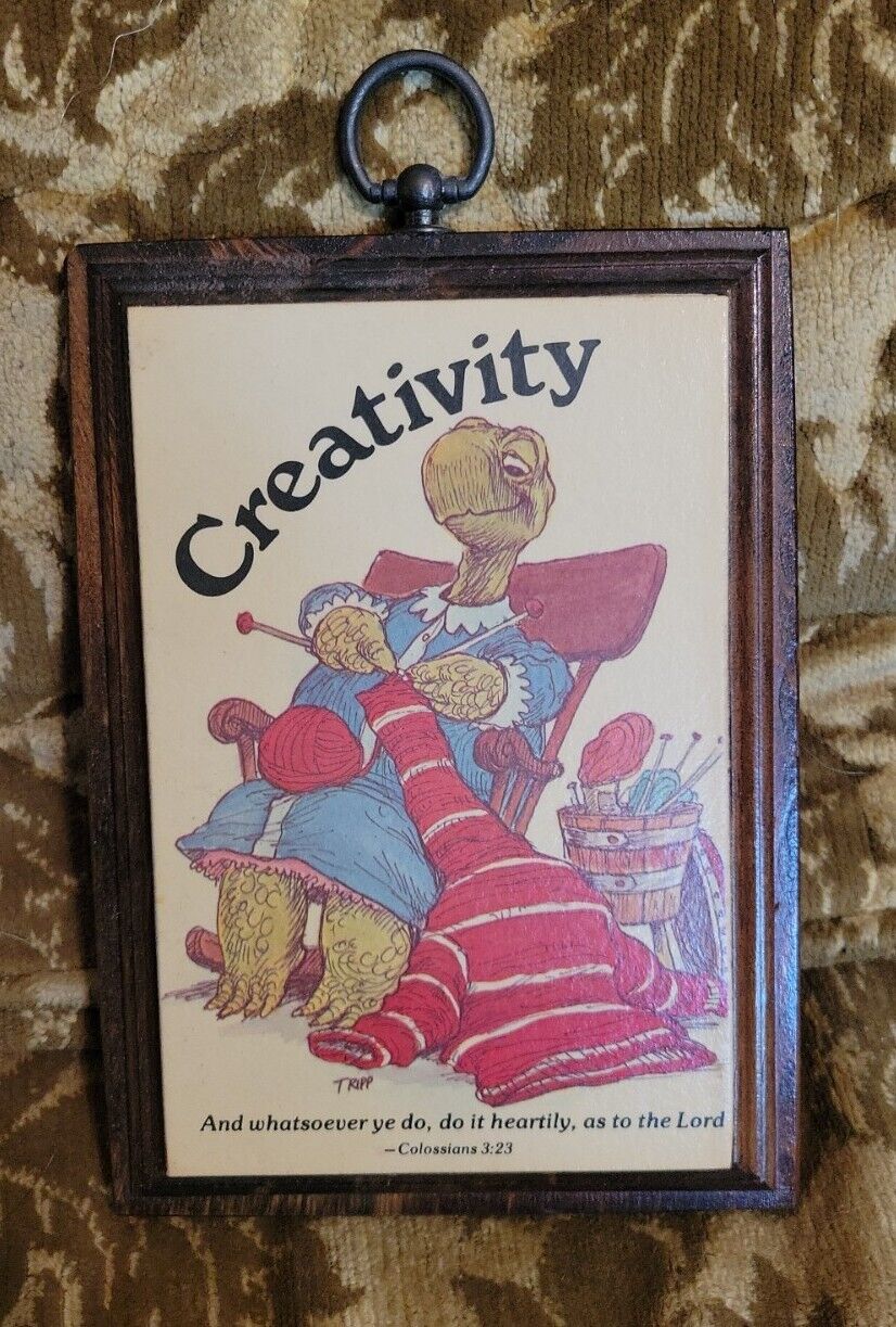 Vtg Cute Wood Plaque Grandma Turtle Knitting Creativity w Colossians 3:23
