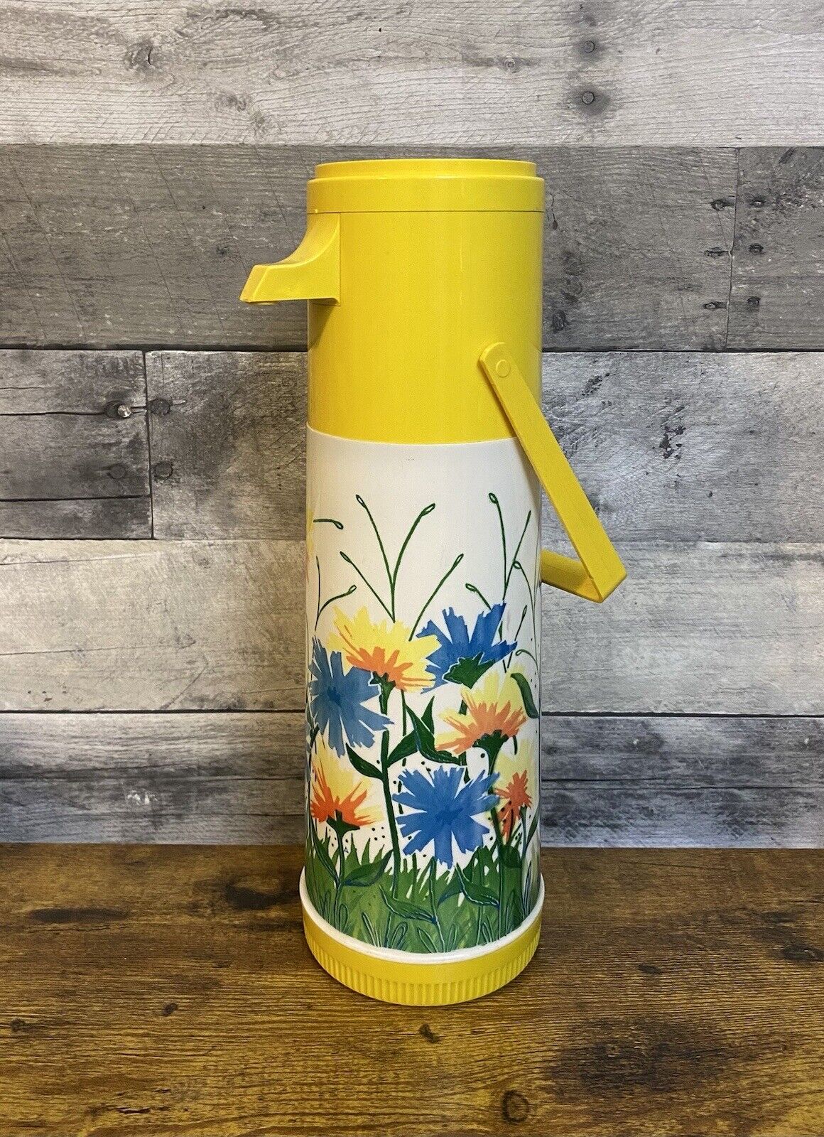 Vintage Alladin\'s Pump-A-Drink Insulated Thermos Dispenser No.P150 Floral Yellow