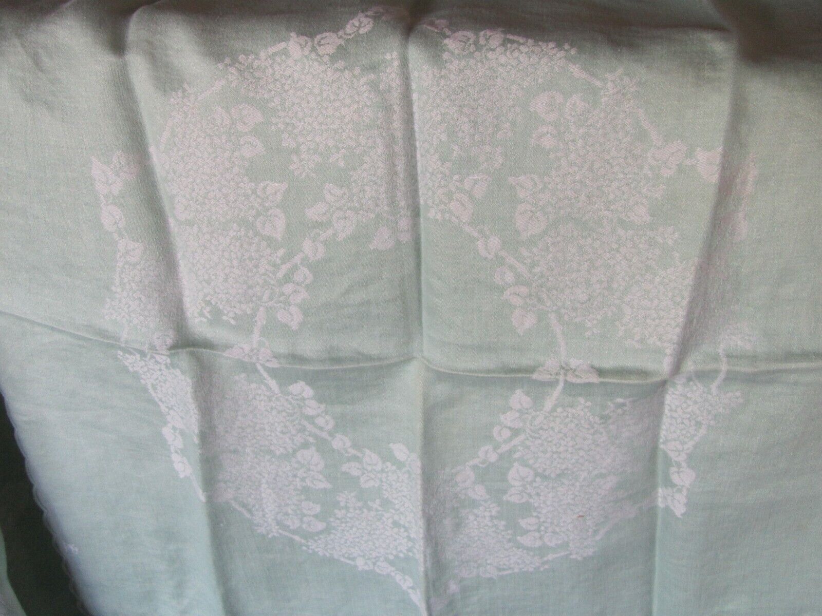 Vintage Mint Green Damask Tablecloth w Large Clusters of Flowers & Vines