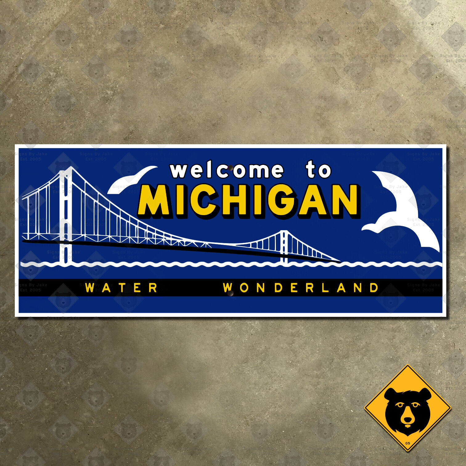Michigan state line highway marker road sign 1957 water wonderland 17x7