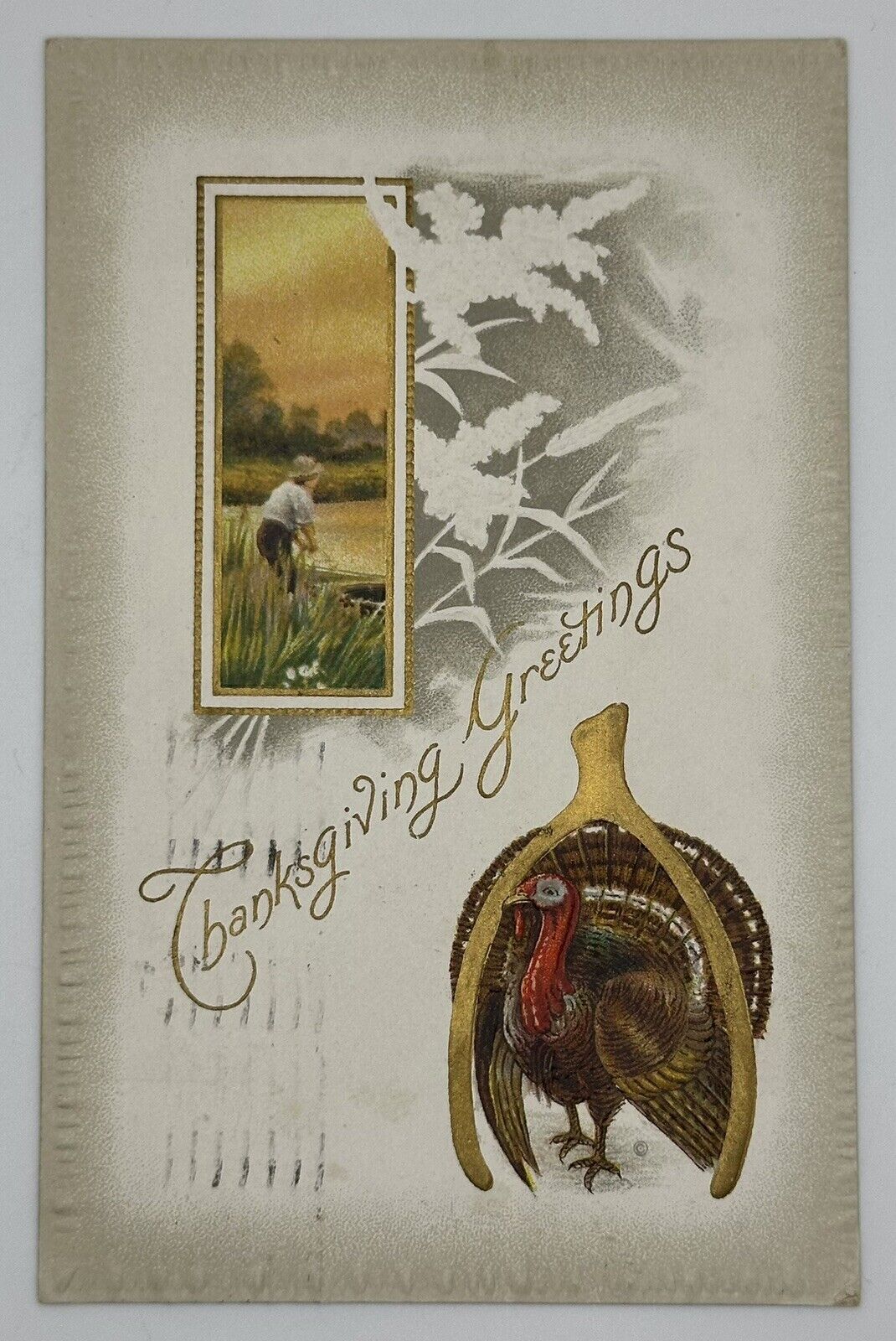Antique 1910 Thanksgiving Greetings Postcard Turkey 🦃 Wishbone Boy Fishing Pond