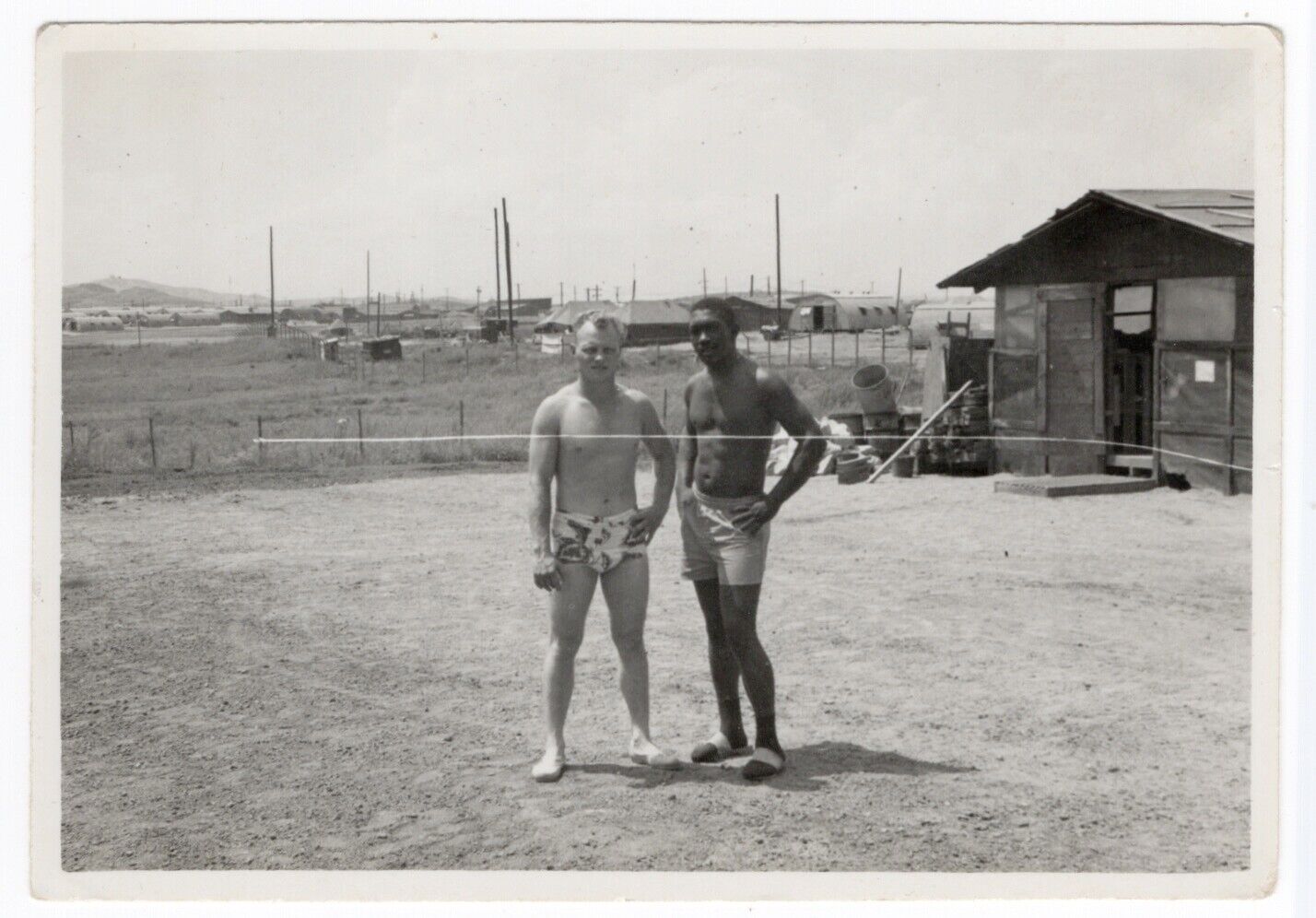Vintage Photo Two Shirtless Muscular Young Military Men Outside Barracks c1960s