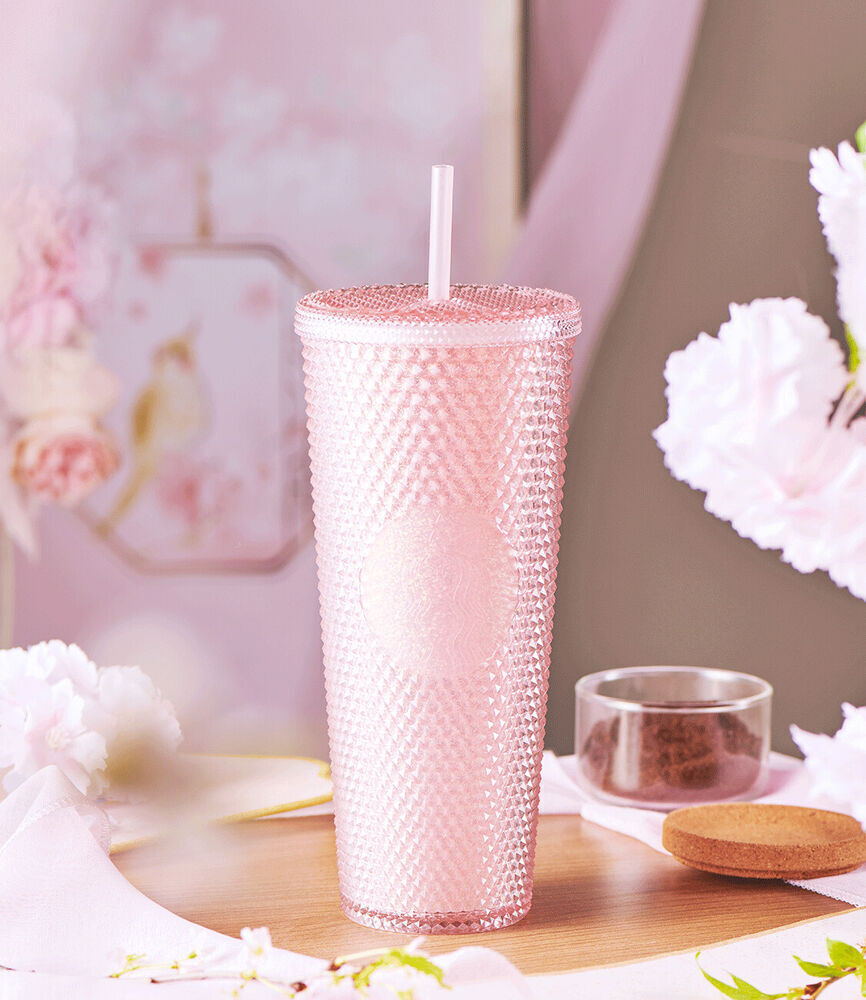 Authentic New Starbucks China Sakura Pink Glitter Studded Cold Cup Tumbler 24oz
