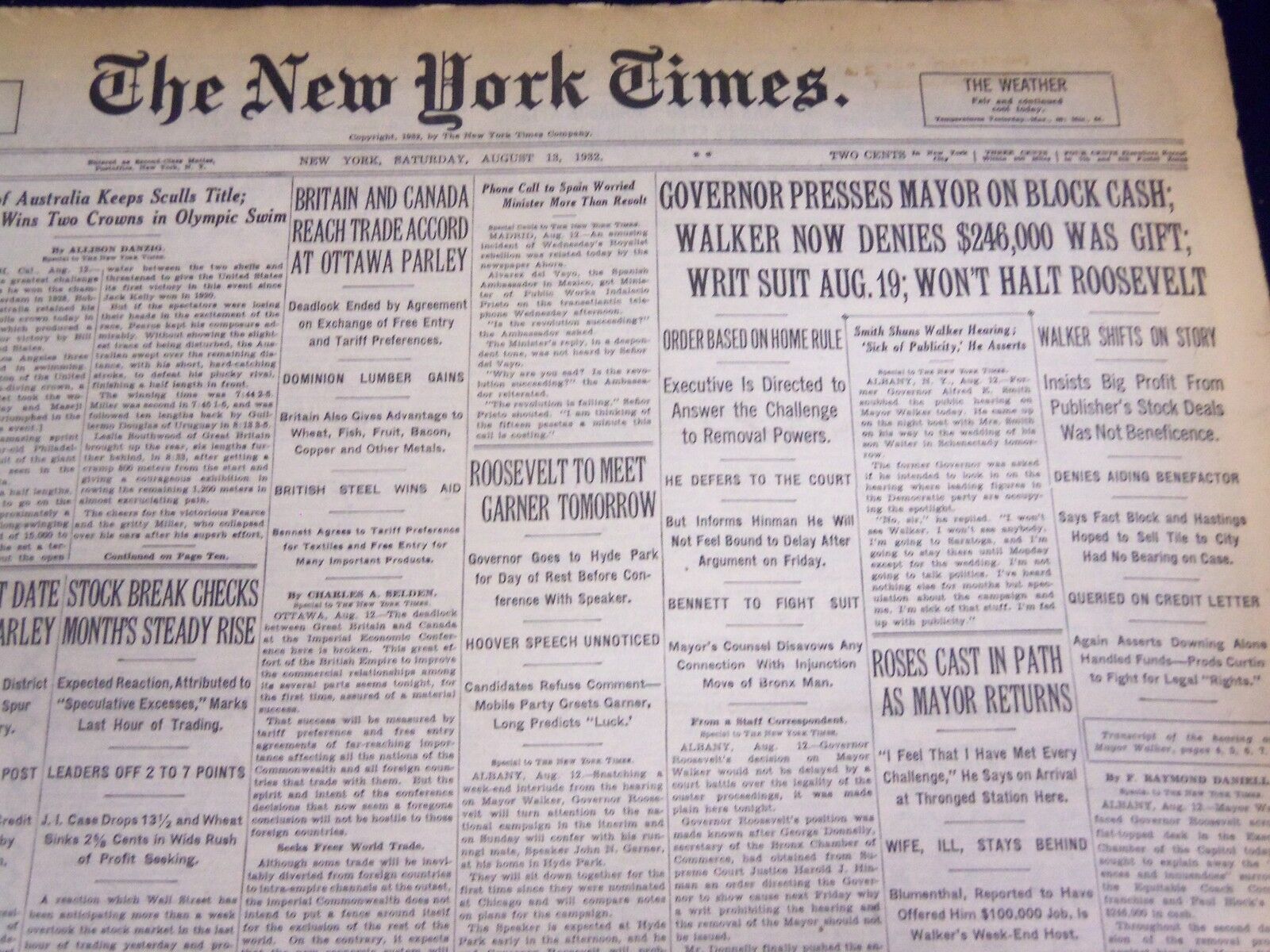 1932 AUGUST 13 NEW YORK TIMES - WALKER DENIES $246,000 WAS GIFT - NT 4112