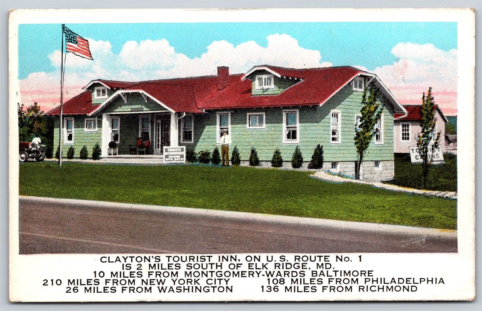 Postcard Clayton\'s Tourist Inn, Elk Ridge, Maryland US Rt 1 1935 T123