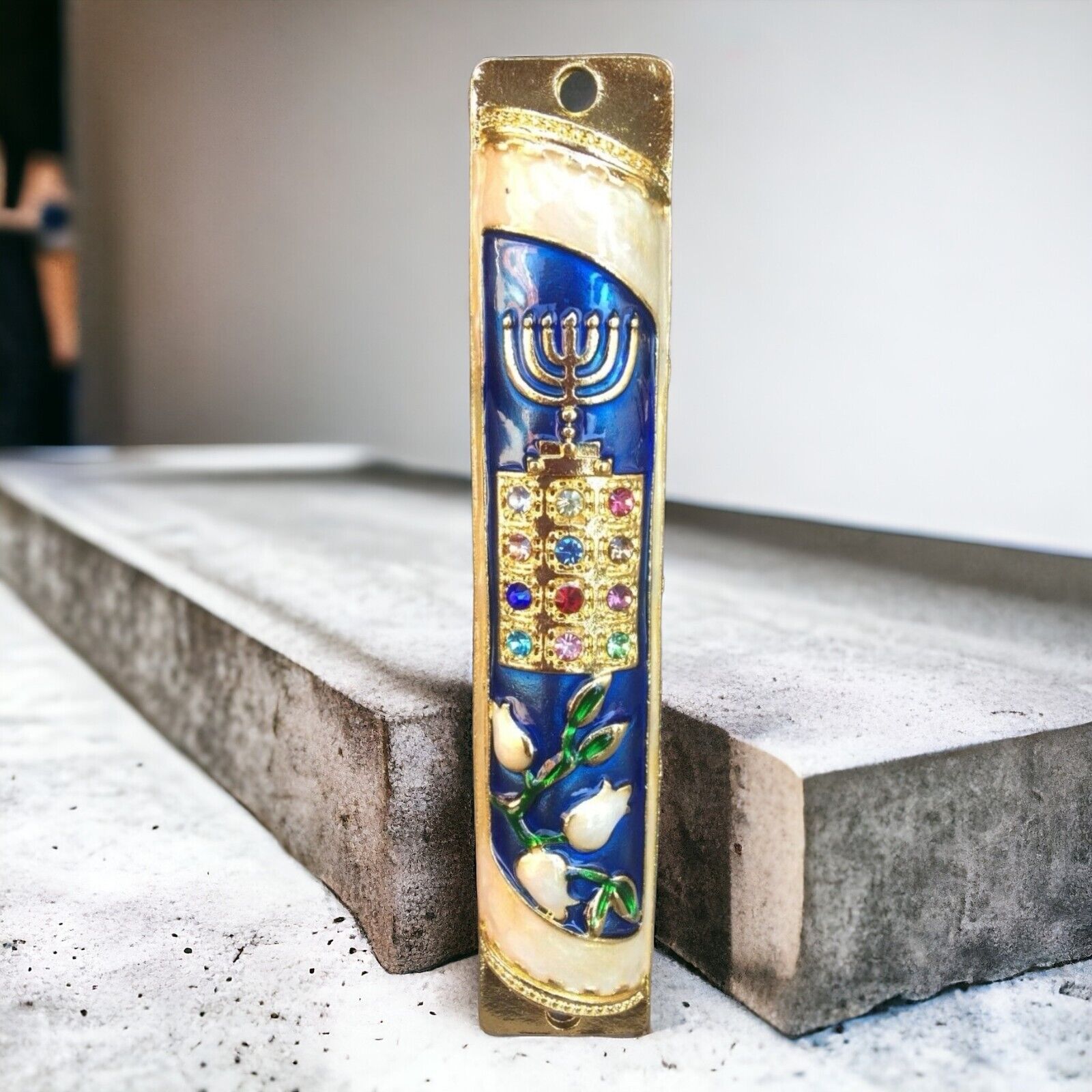 Enamel Door Mezuzah Decorated Case with Menorah Hoshen 12 Tribes Jerusalem 5\