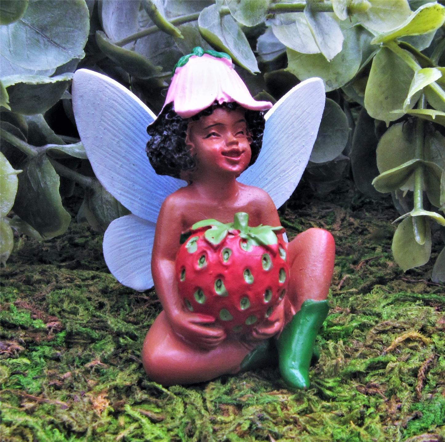Miniature Fairy Garden Sitting Black Fairy Holding Strawberry - Buy 3 Save $5