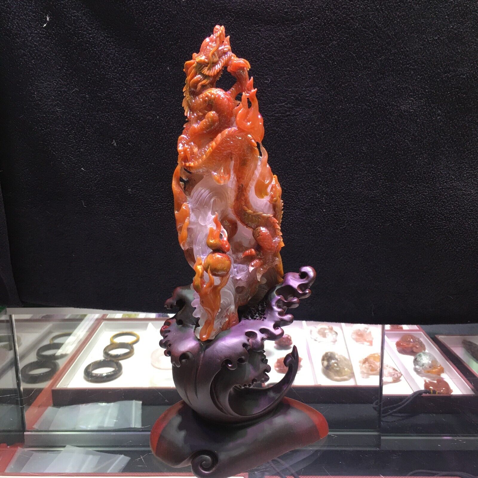 4.07LB Top Natural Red crystal quartz Carved crystal dragon reiki heal+stand