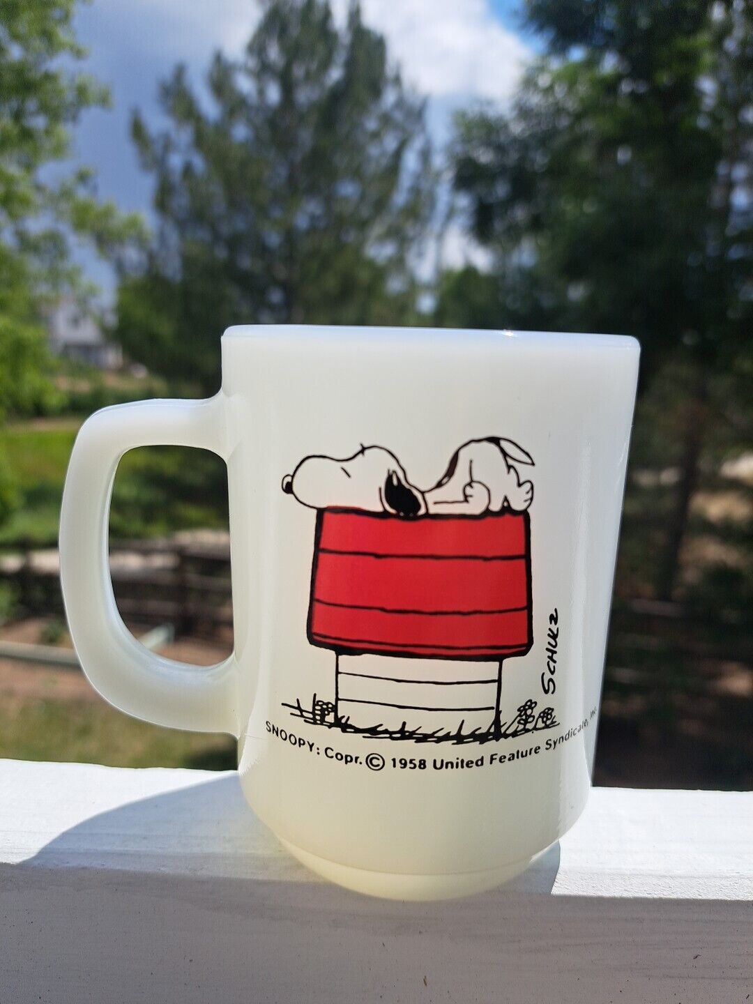 Vintage Anchor Hocking  Snoopy Allergic to Mornings Milk Glass Coffee  Mug 1958