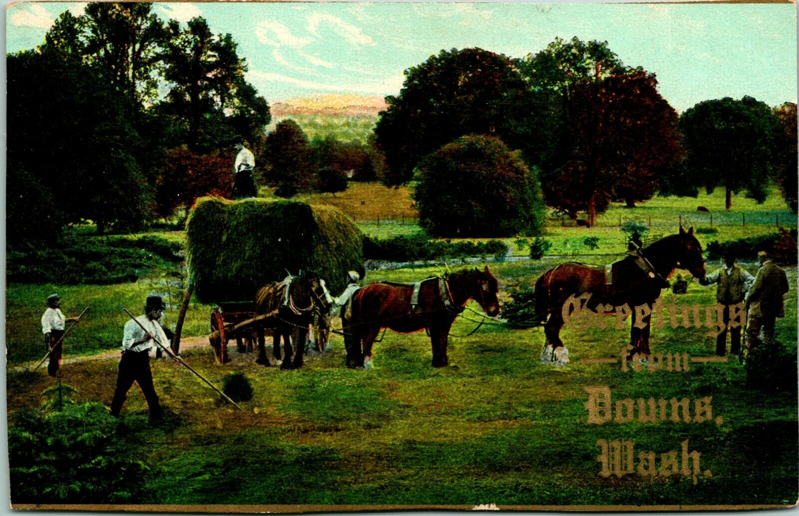Vtg Postcard 1909 Greetings From Downs, Washington Farming WA - Gilded 