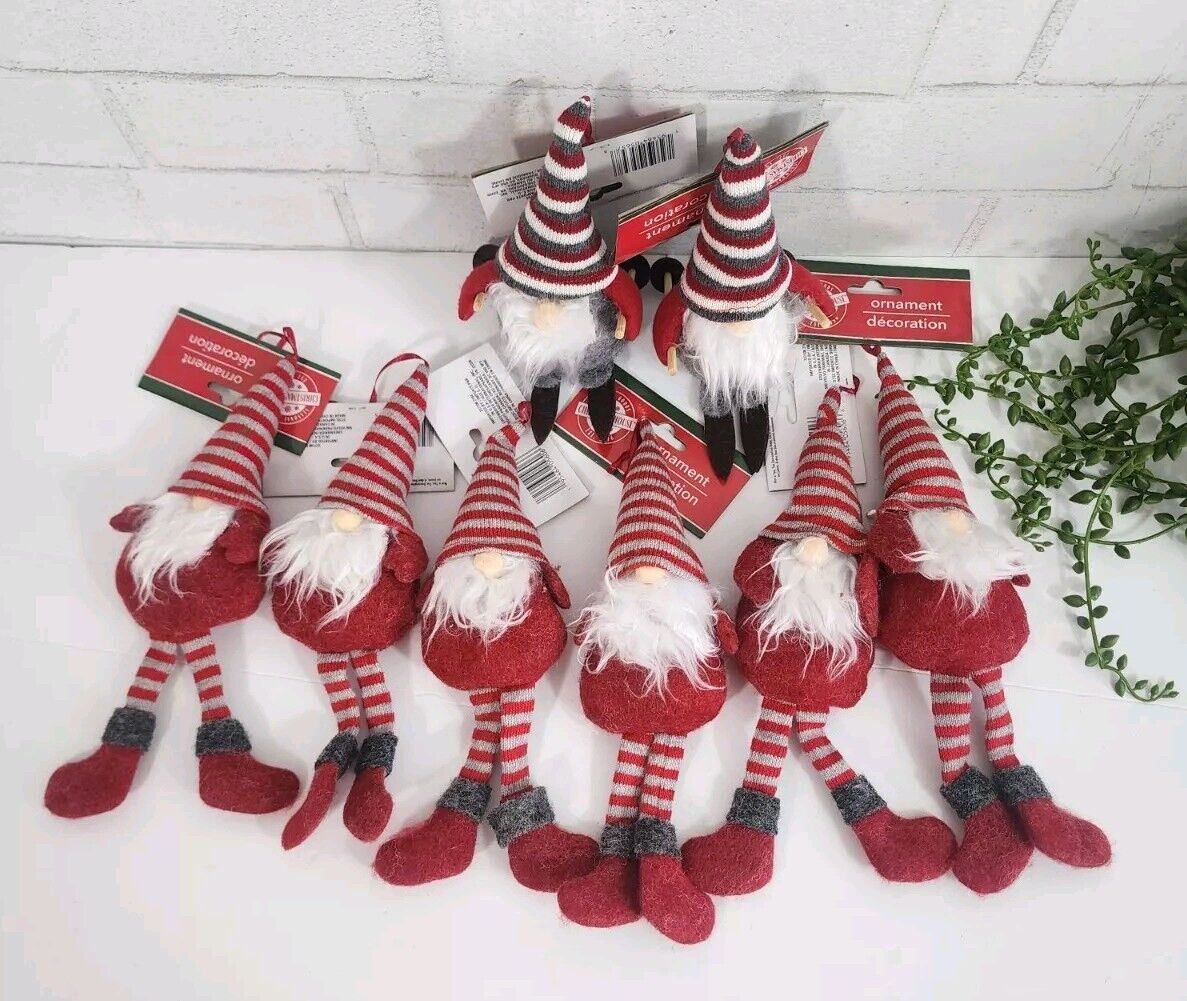 Gnome Elf Felt Christmas Ornaments Set of 8 Knit Hats Holiday Hanging Crafts NEW