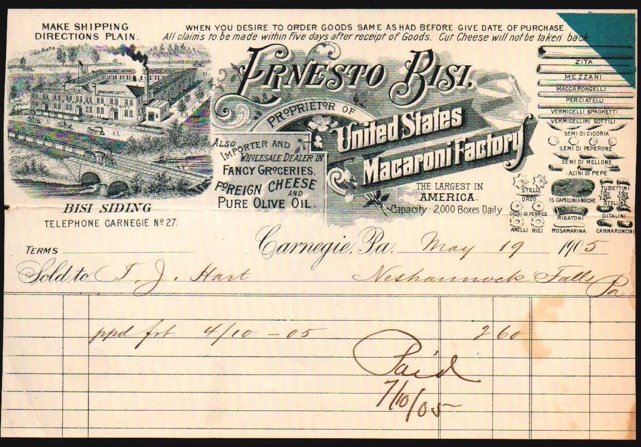 1905 Carnegie Pa - Ernesto Bisi - Macaroni Factory - Rare Letter Head Bill