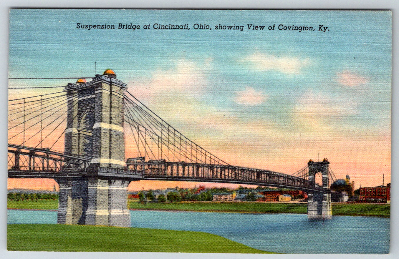 c1940s Suspension Bridge Cincinnati Ohio Covington KY Postcard Kraemer Linen