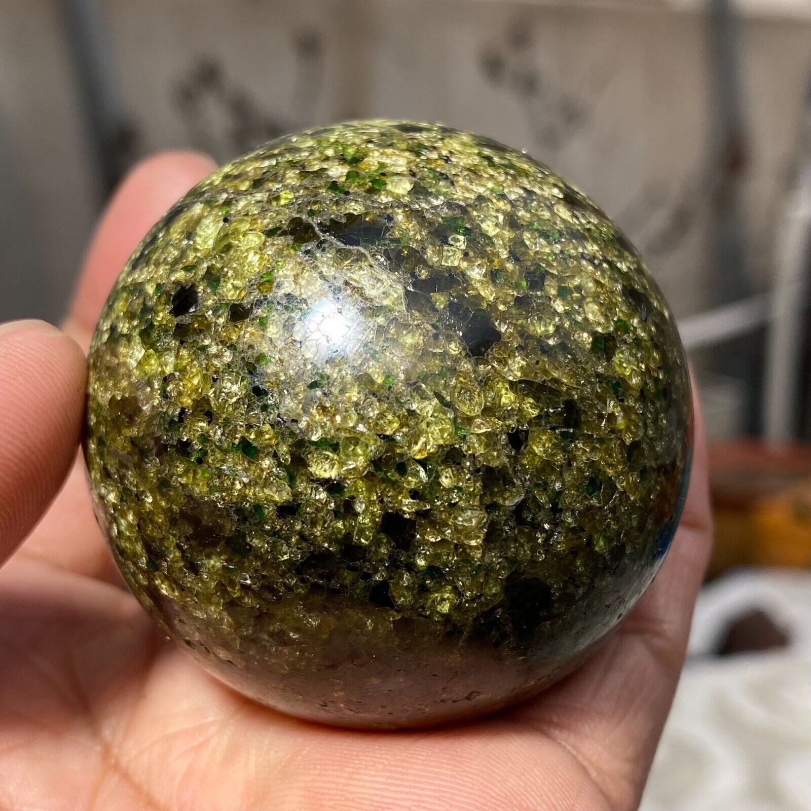 269g Olivine Peridot Green Crystals Sparkling Gemstone Sphere Mineral Specimen
