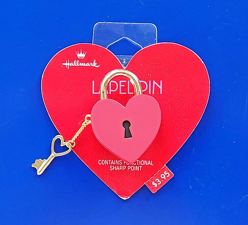 Hallmark PIN Valentines Vintage HEART LOCK & KEY Brass Charm 1992 Brooch 395 NEW