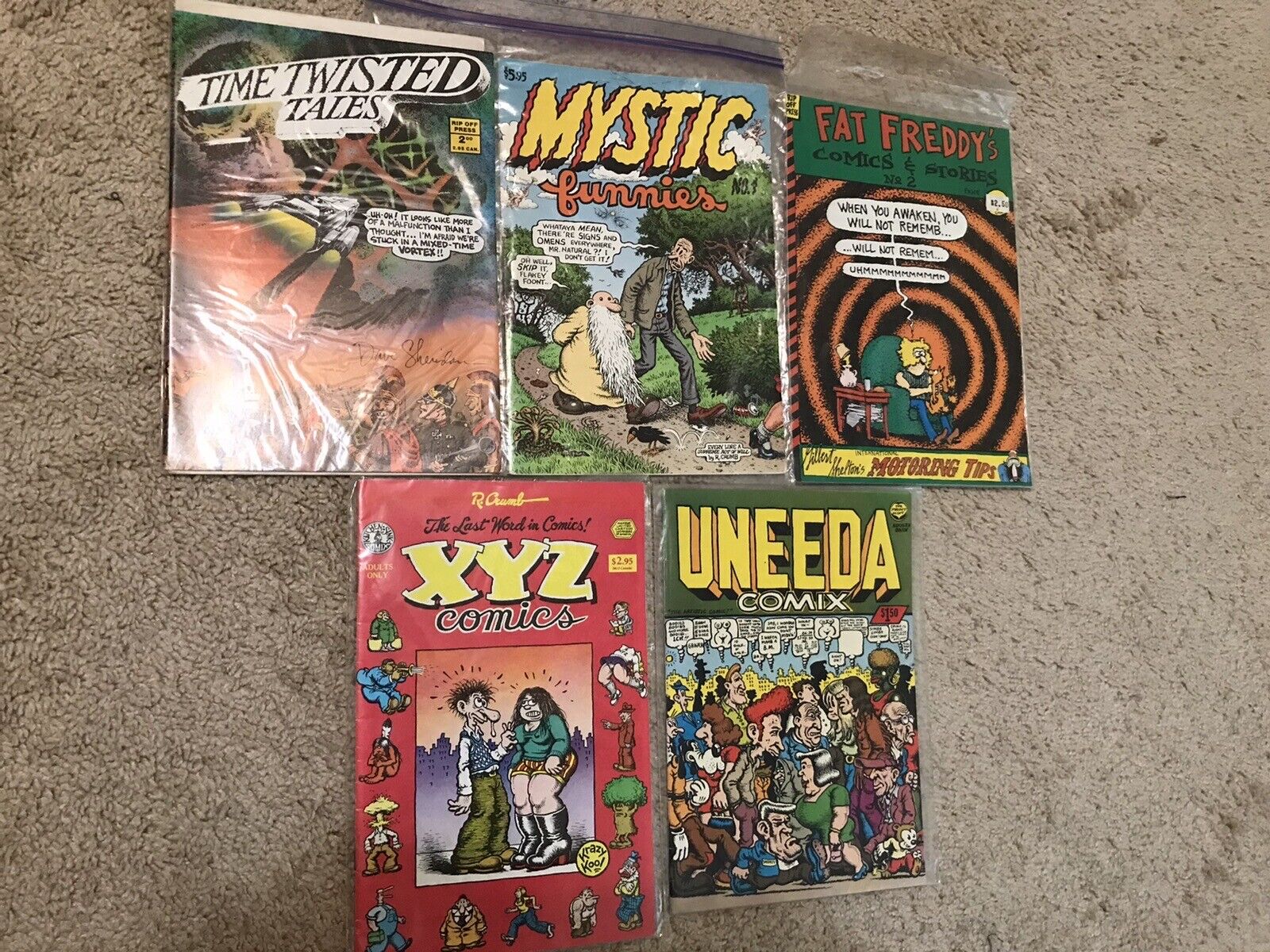 Lot of 5 ea 1970\'s Underground Comic Books Mystic Uneeda XYZ Fat Freddys