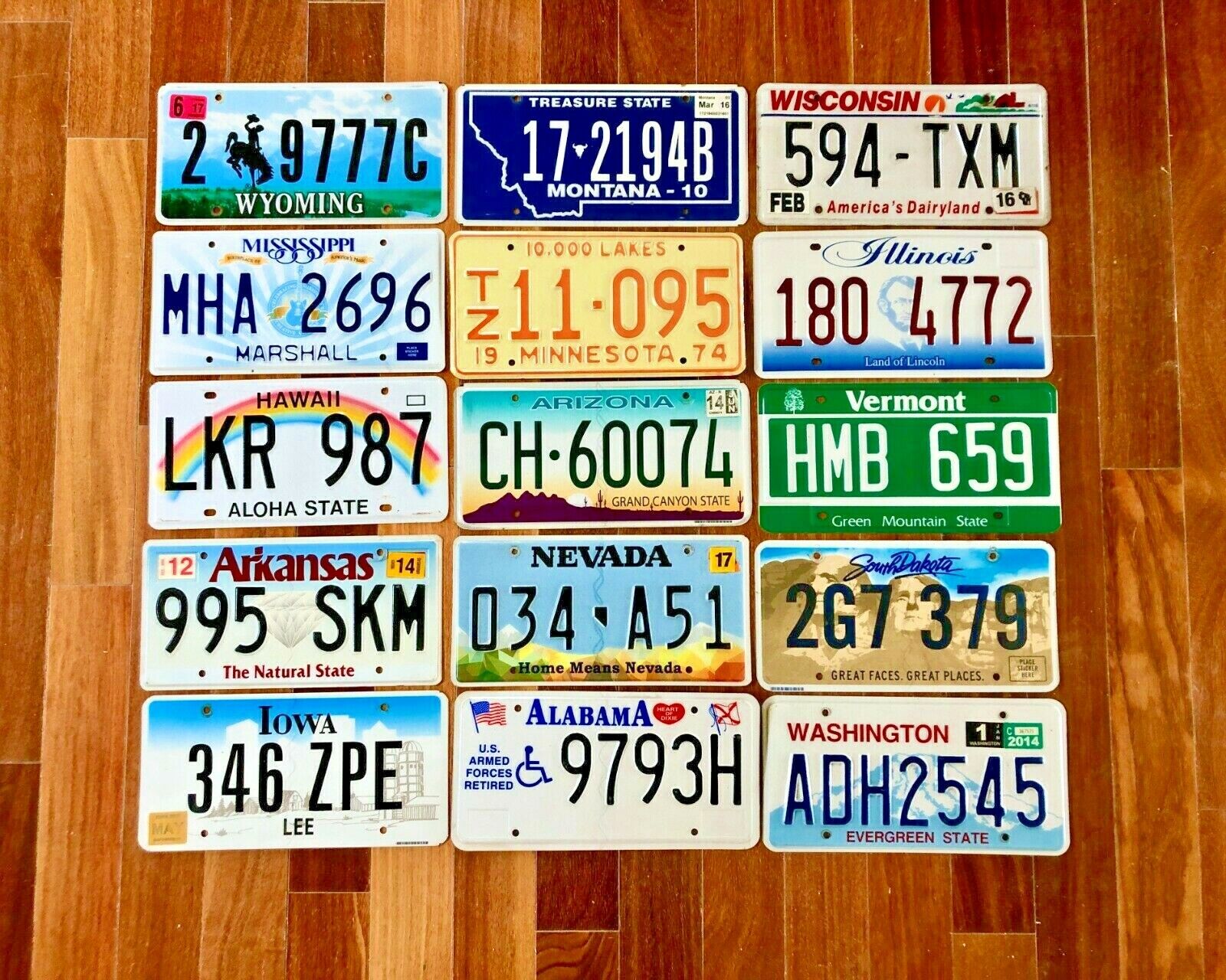 Set of 15 Colorful License Plates from 15 Different States