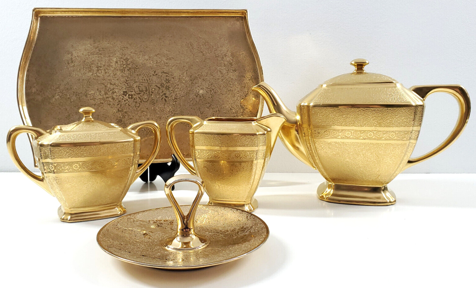 Antique Oremont Bavaria Pickard Porcelain Gold Gilt Tea Sugar Creamer Tray Set