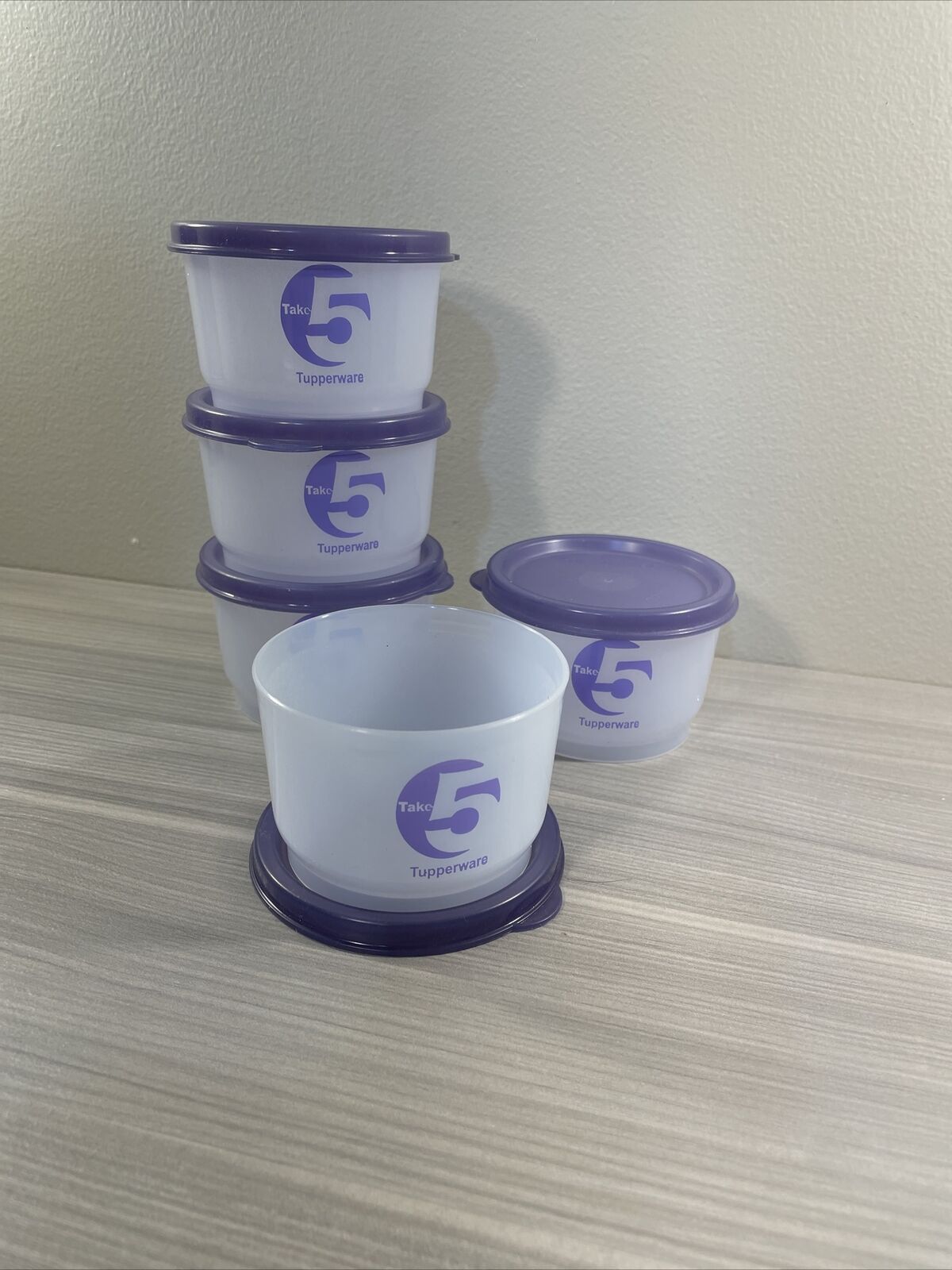 Tupperware Snack Cups Set of 5 Purple Seals 4 oz. Containers Take-5 Logo New