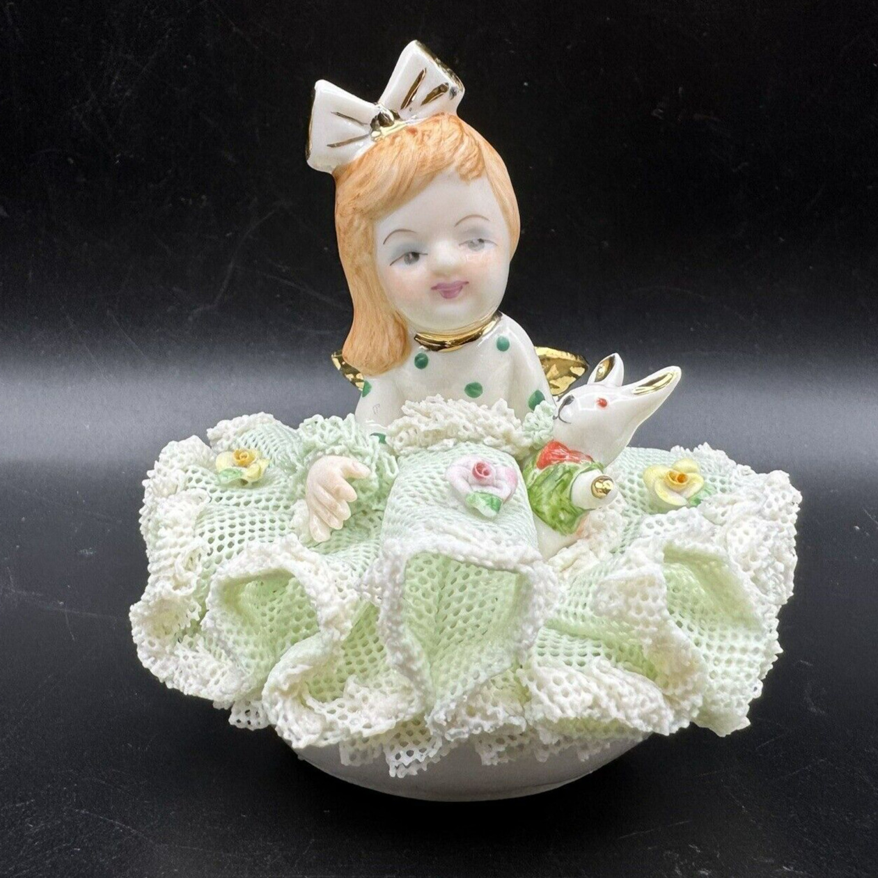 Vtg MV IRISH DRESDEN Porcelain Lace Angel Doll Girl Bunny Figurine GREEN Ireland