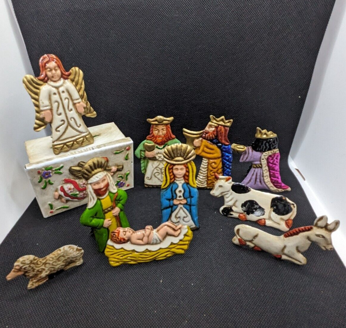 Mexican Folk Art Nativity Punched Tin 10 Piece Set 5-7” Vintage with Tin Box