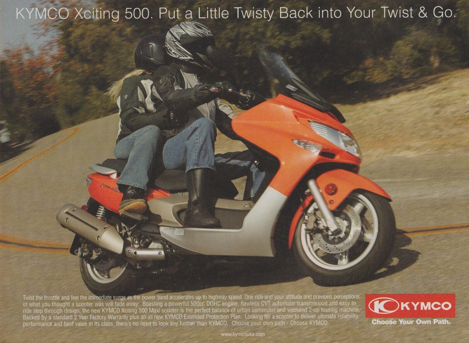 2008 KYMCO Xciting 500 Maxi Scooter - Twisty Back In Twist & Go - Print Ad Photo