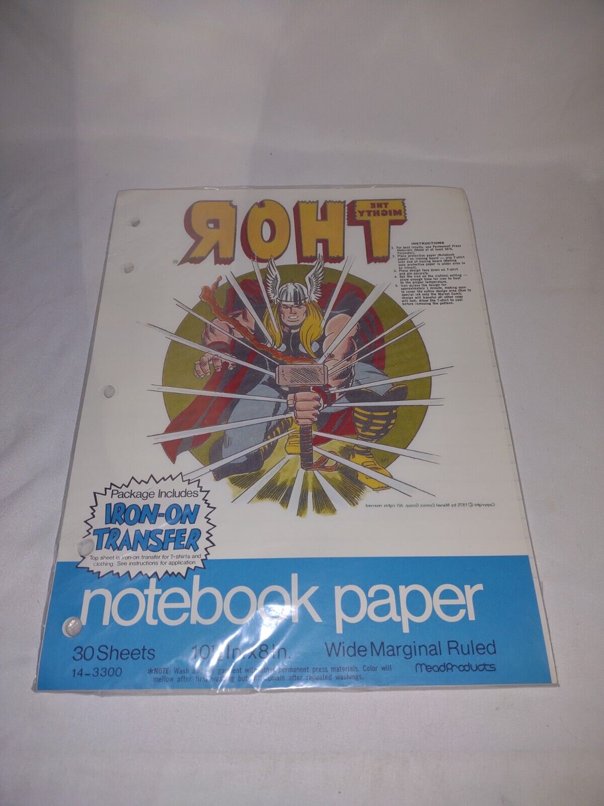 RARE 1975 MEAD Notebook Paper with FREE ~ MIGHTY THOR ~ IRON ON TRANSFER~SEALED