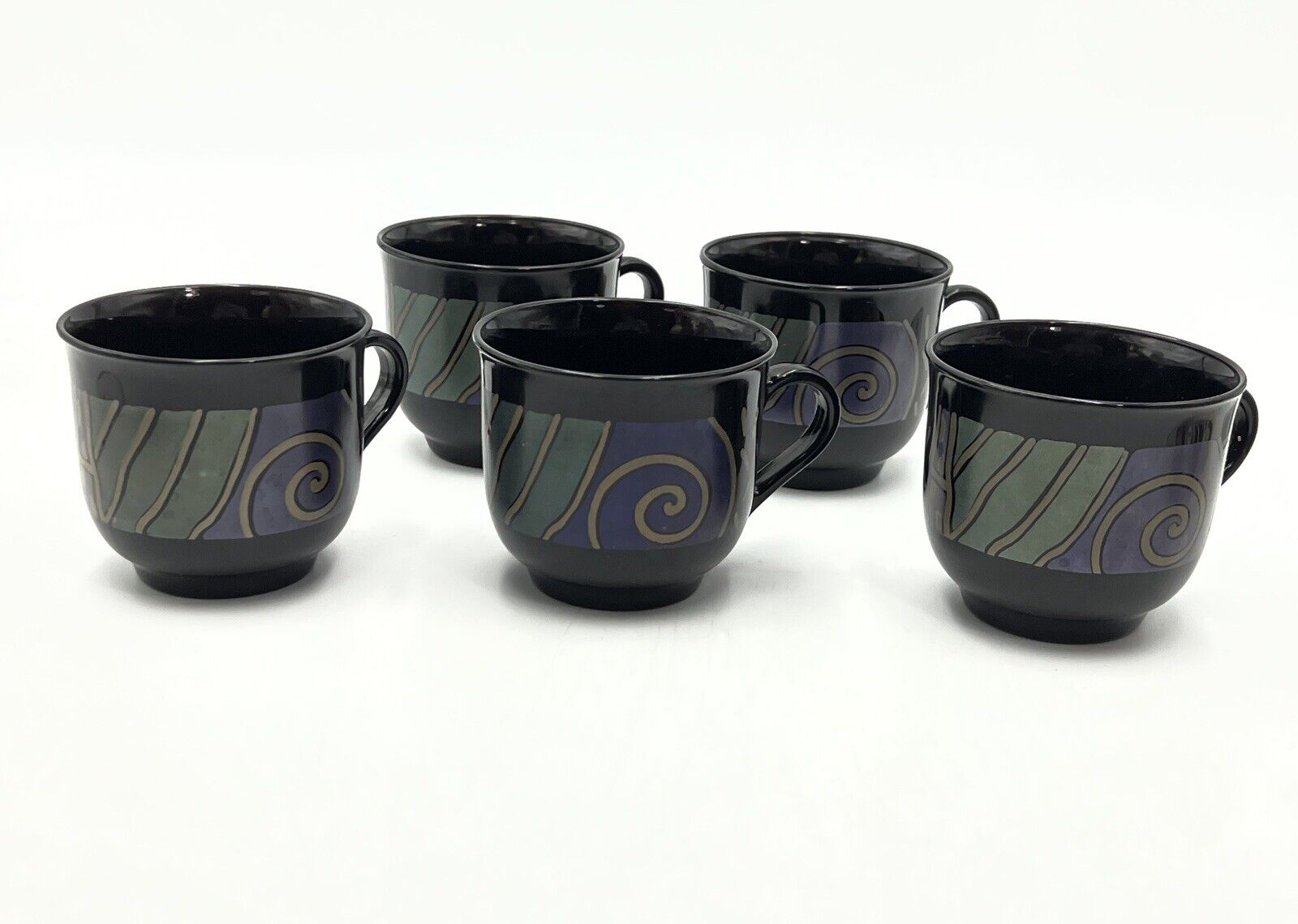 Vintage Arcoroc Tampico 5 Cups Abstract Black Tempered Glass France