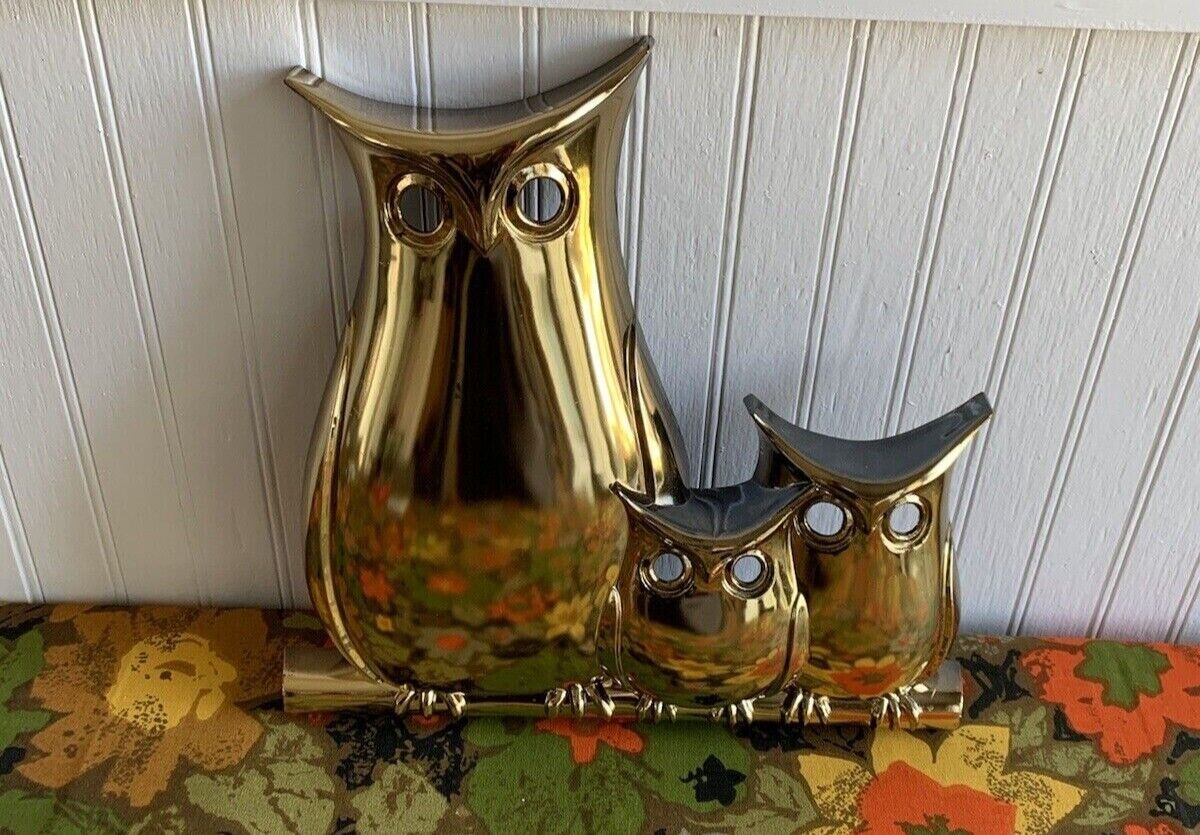 Vintage 70\'s MCM Syroco Gold Plastic Owl Wall Art Hanging