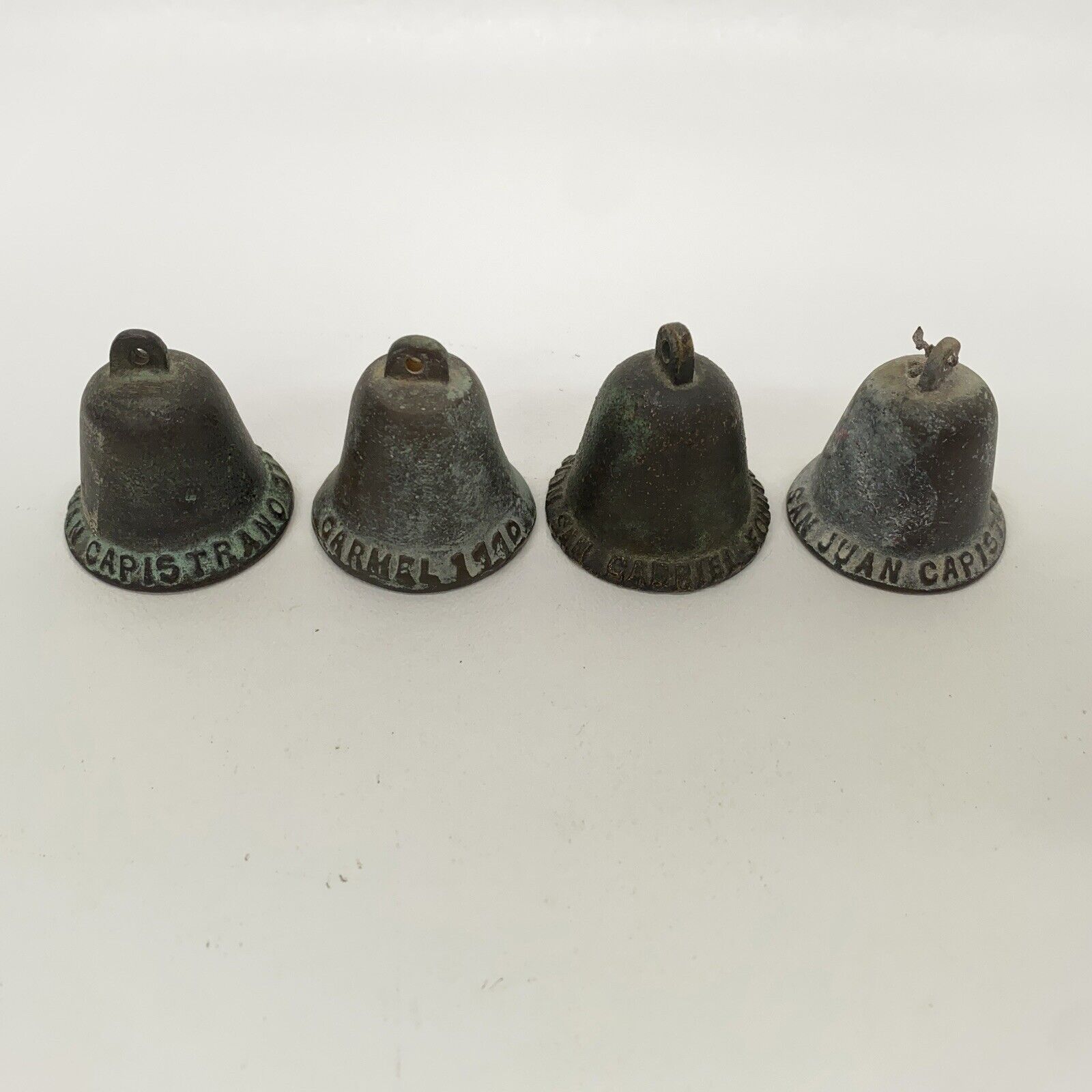 4 Vintage Small Brass Mission Bells Carmel San Gabriel & 2 San Juan Capistrano