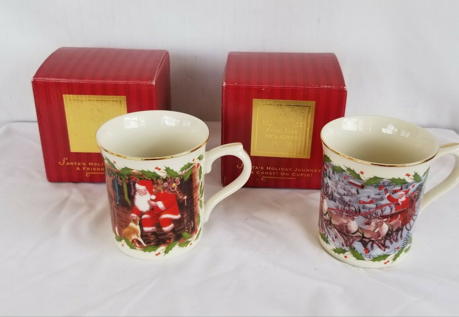Lot of 2 Lenox For the Holidays Mug Santas On Comet On Cupid & A Friend to All 