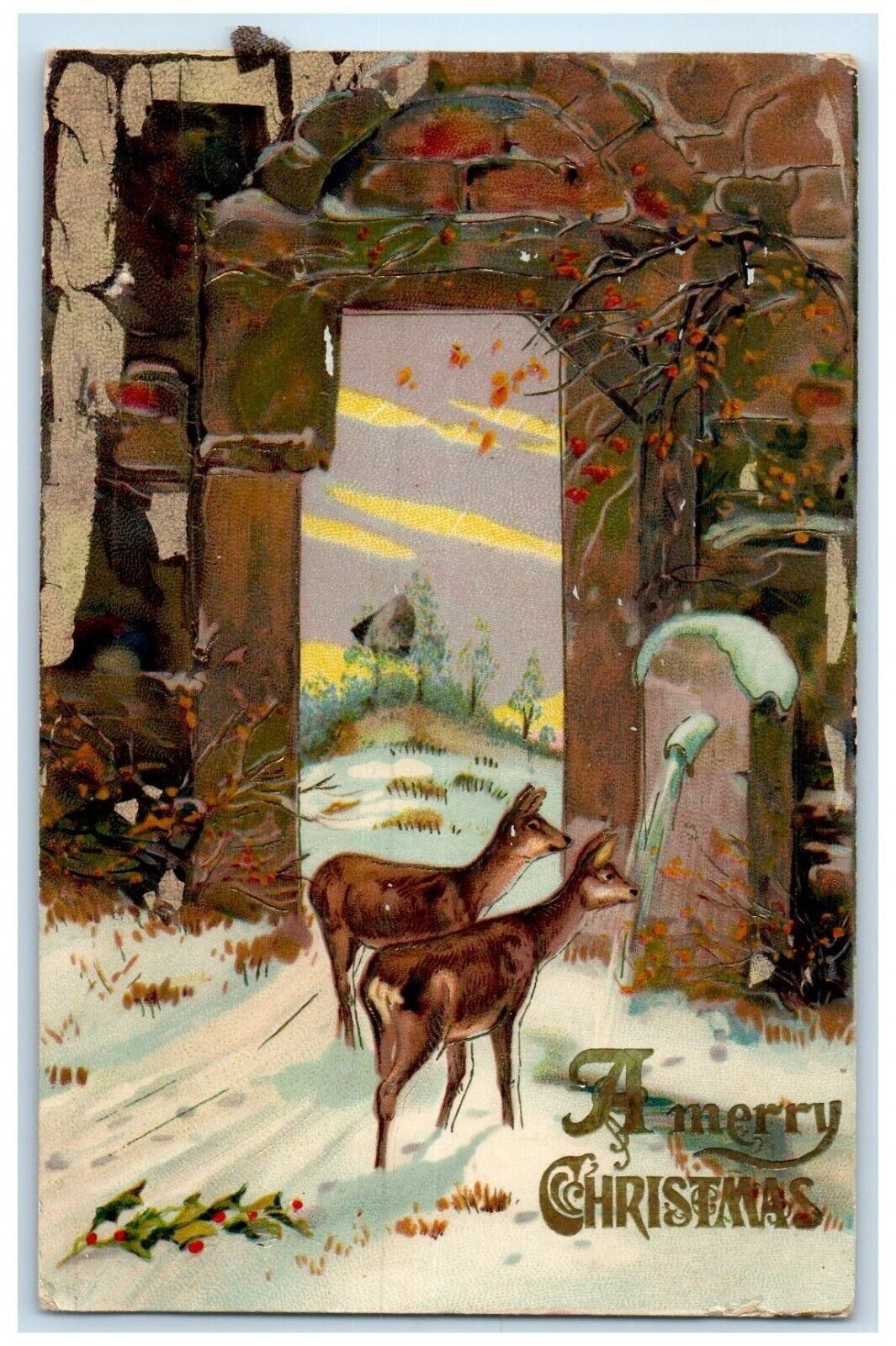 1910 Christmas Deer In Winter Embossed Gel Gold Gilt Chicago IL Antique Postcard