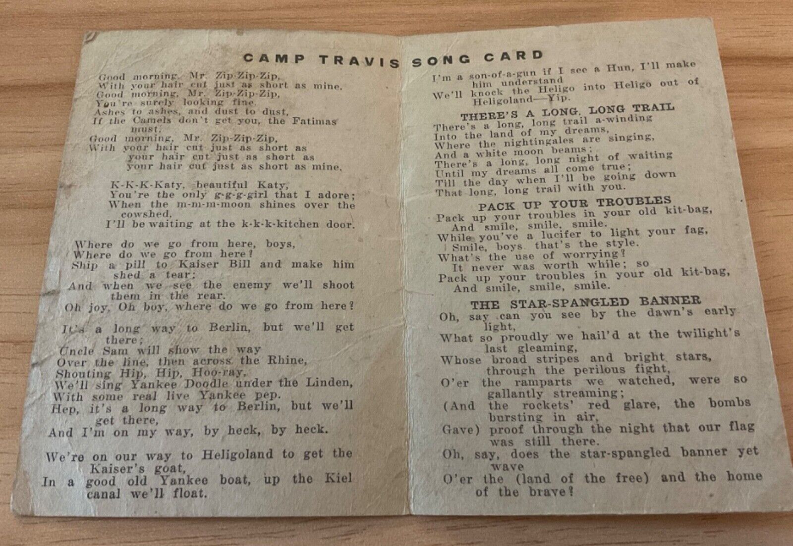 WWI Camp Travis, pocket sized song card, San Antonio, Texas