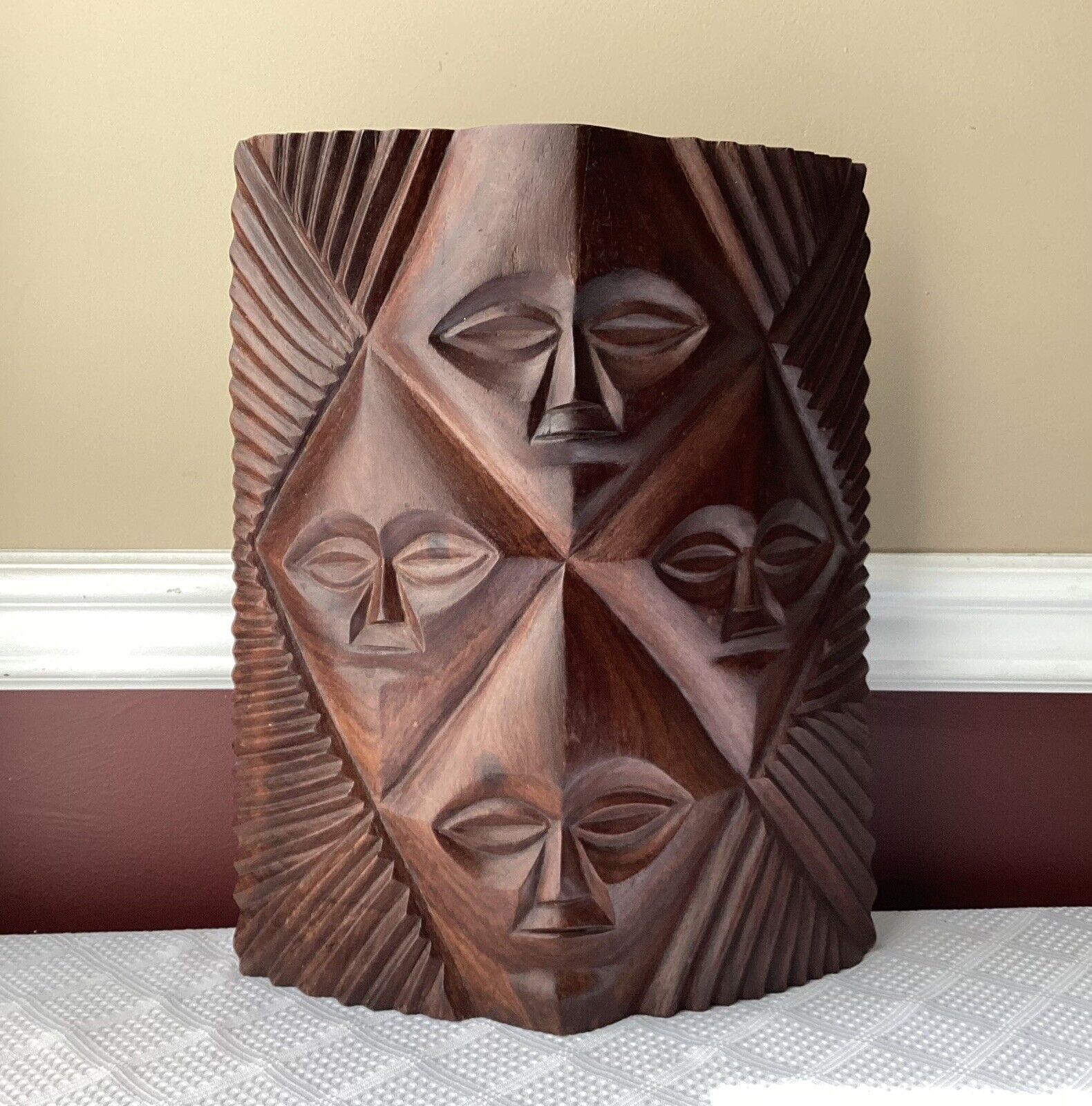 Vintage African 4-face Wooden Wall Panel, 15 1/4” x 12 1/4”