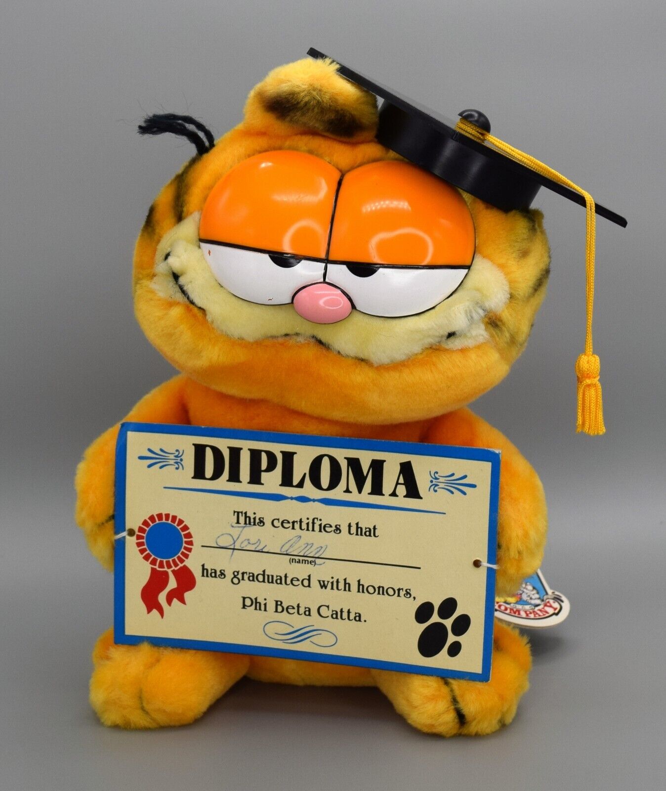 Vintage 1980s Dankin Garfield Graduation Cap Plush Phi Beta Catta With Diploma