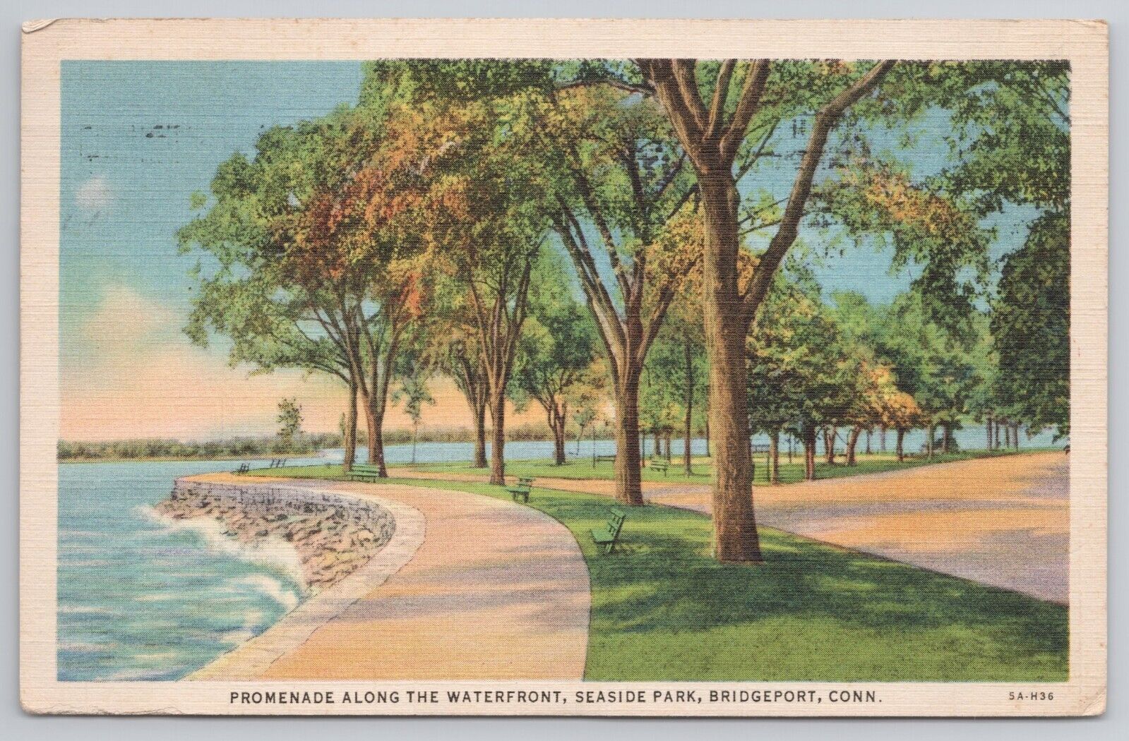 Promenade Along Waterfront Seaside Park Bridgeport Connecticut CT 1935 Postcard