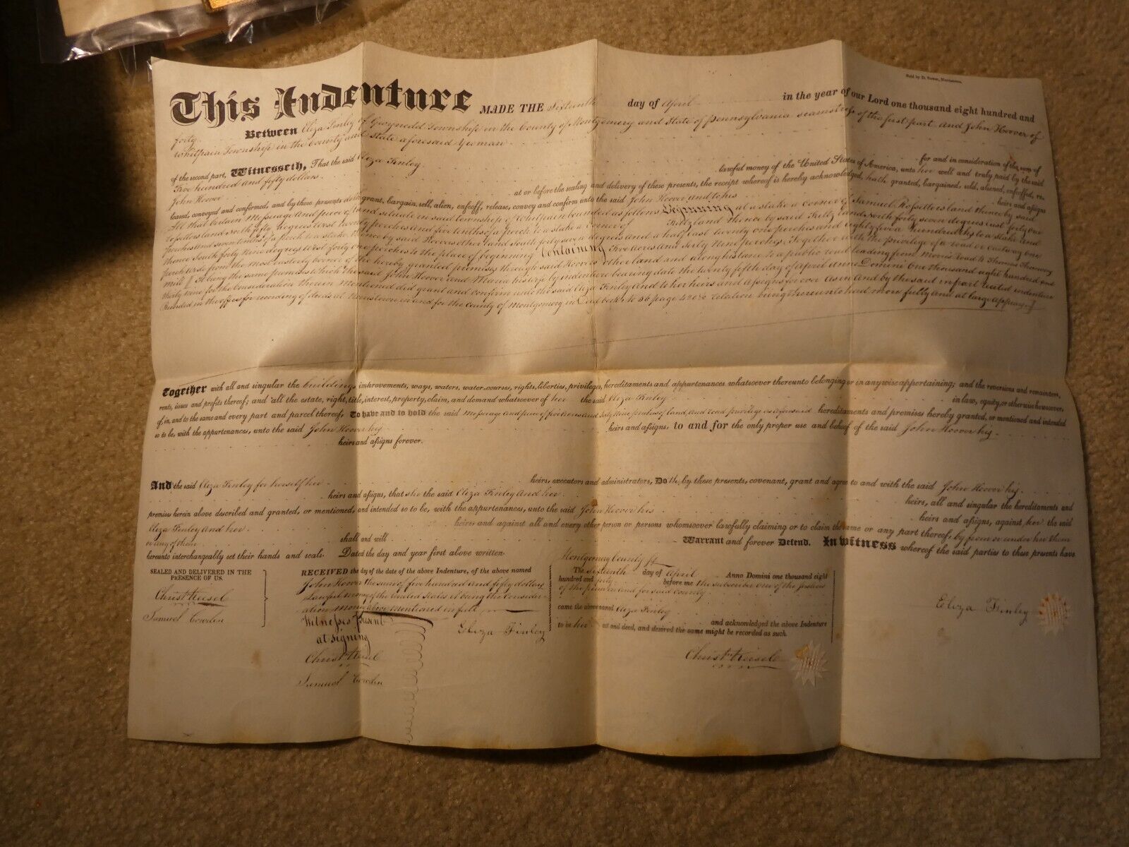 Original 1840 Land Deed Indenture Document Montgomery County Pennsylvania