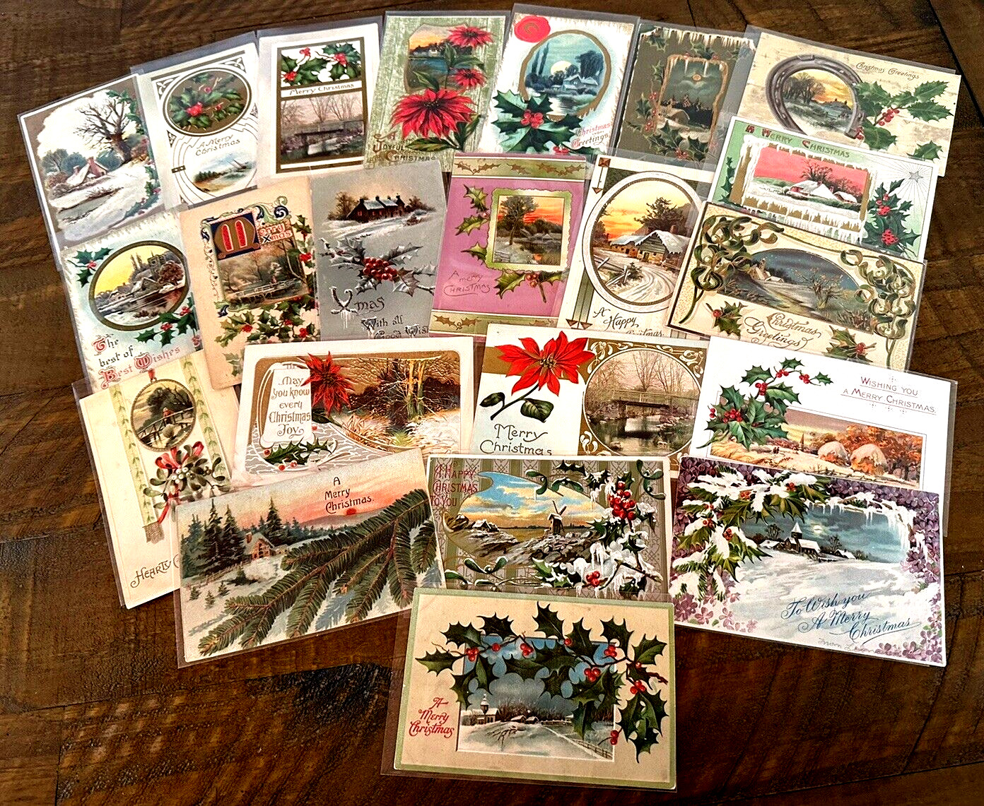 Lot of 22 Vintage~Christmas Postcards with Winter Snowy & Village Scenes-h772