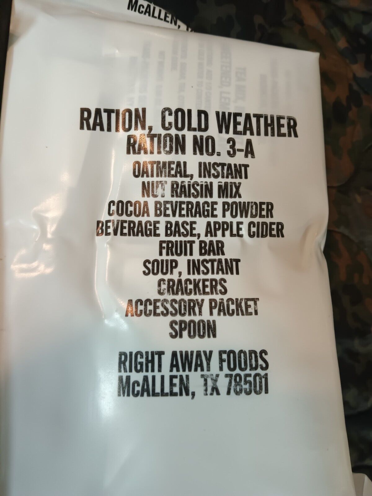 Vintage Right Away Foods Ration Cold Weather Meal Menu 3-A 1x