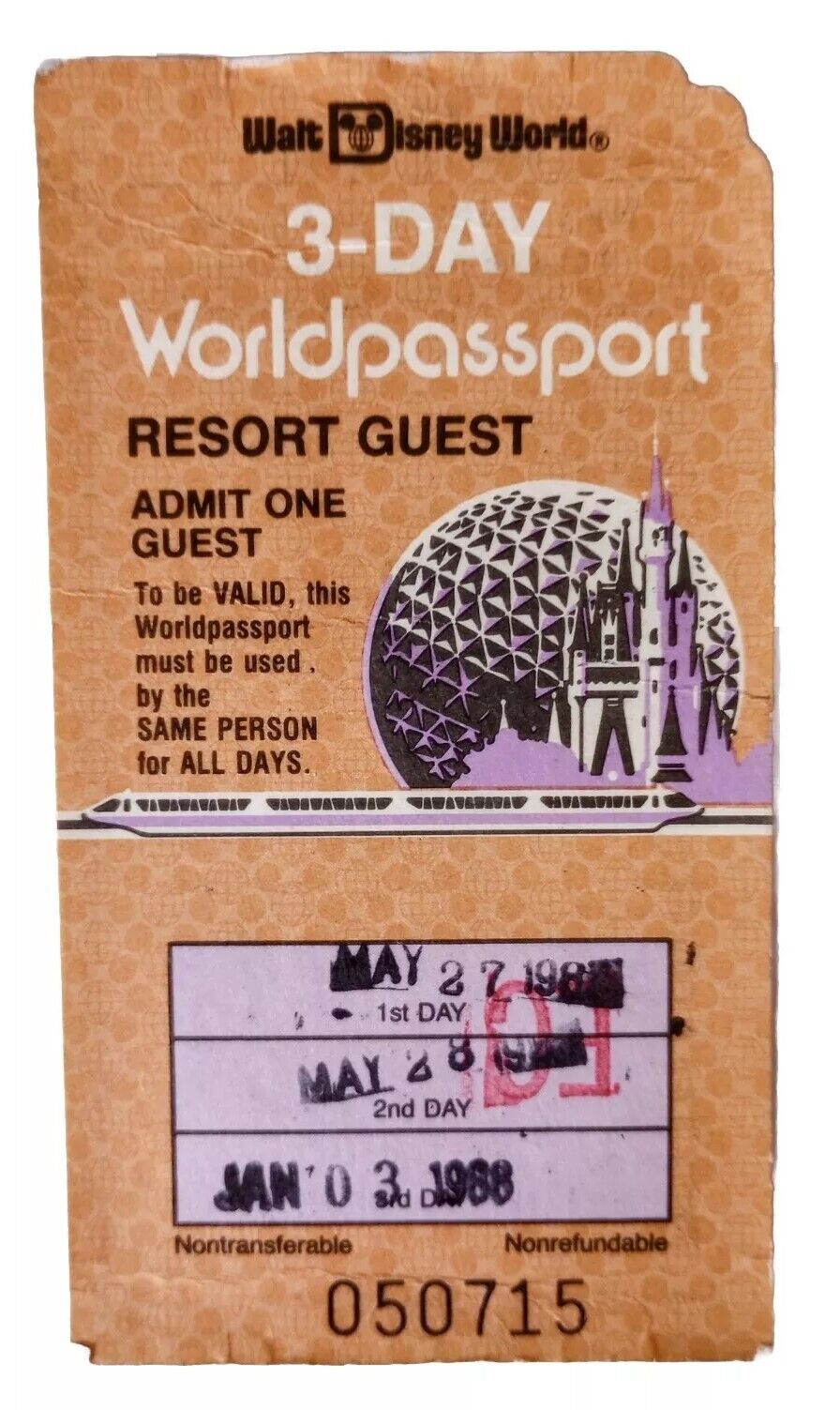 Vintage Walt Disney World 3-Day Worldpassport 1987