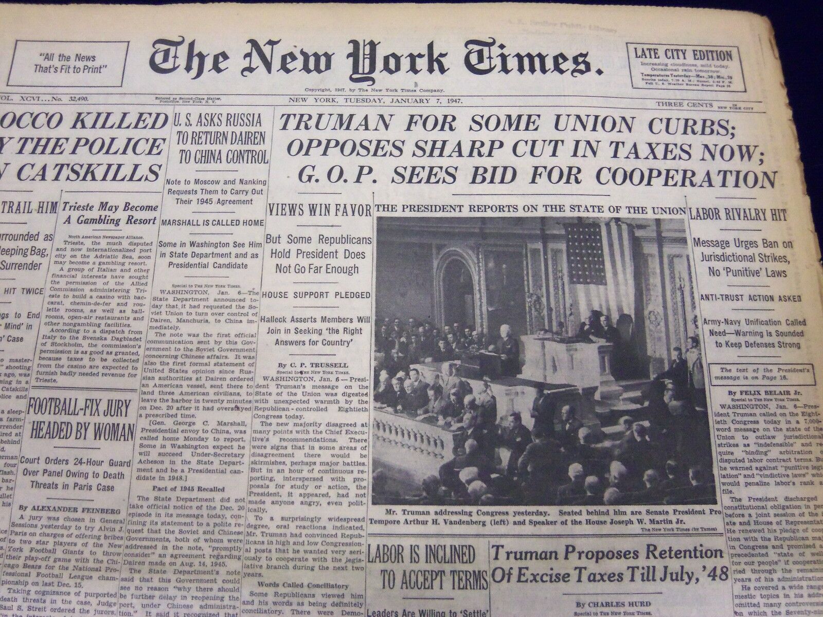 1947 JAN 7 NEW YORK TIMES - TRUMAN FOR SOME UNION CURBS - ROCCO KILLED - NT 102